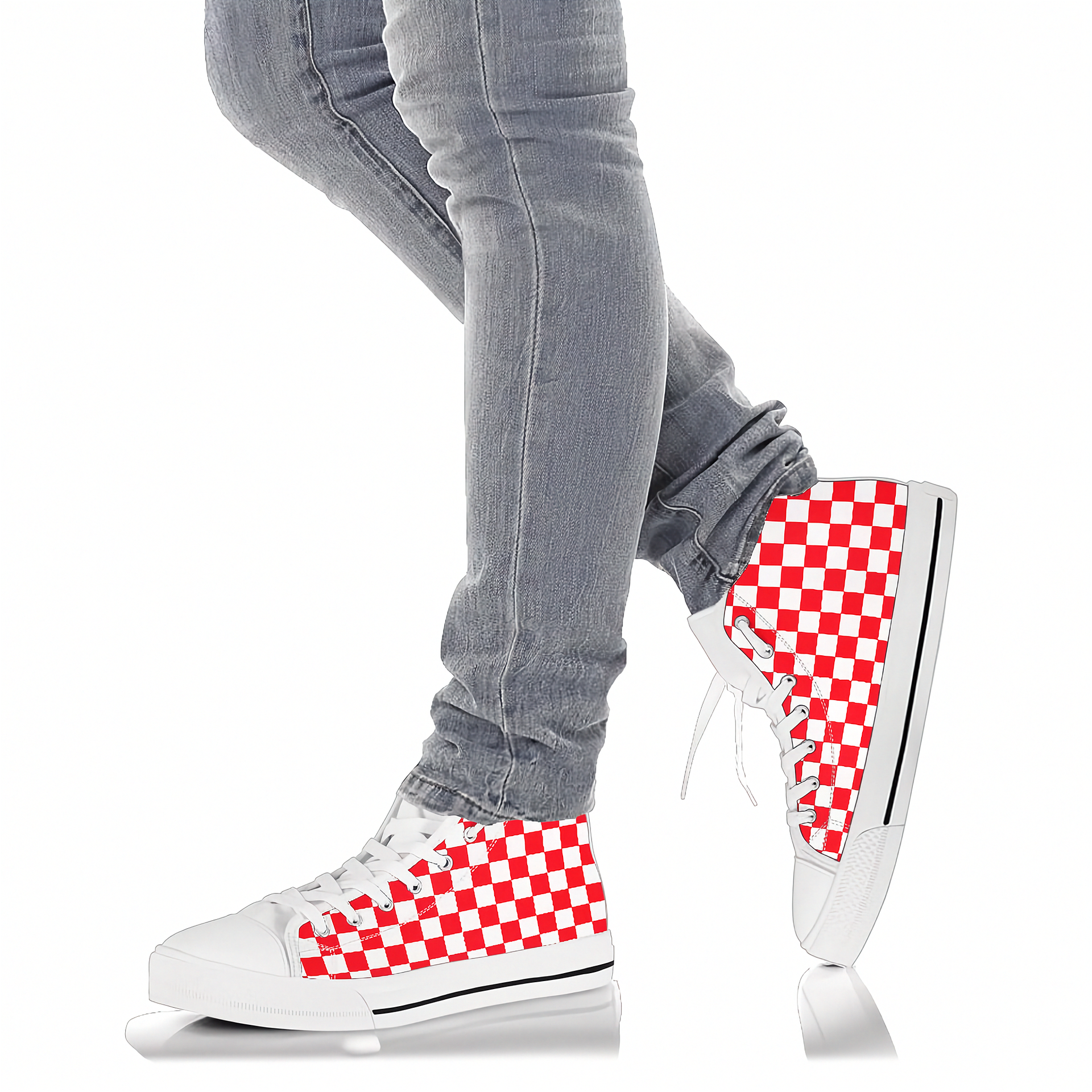 Red and white checkered sneakers worn with gray jeans on a white background