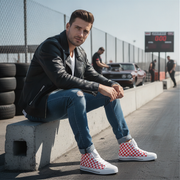 Man sitting on a concrete block wearing red and white checkered shoes at a race track.