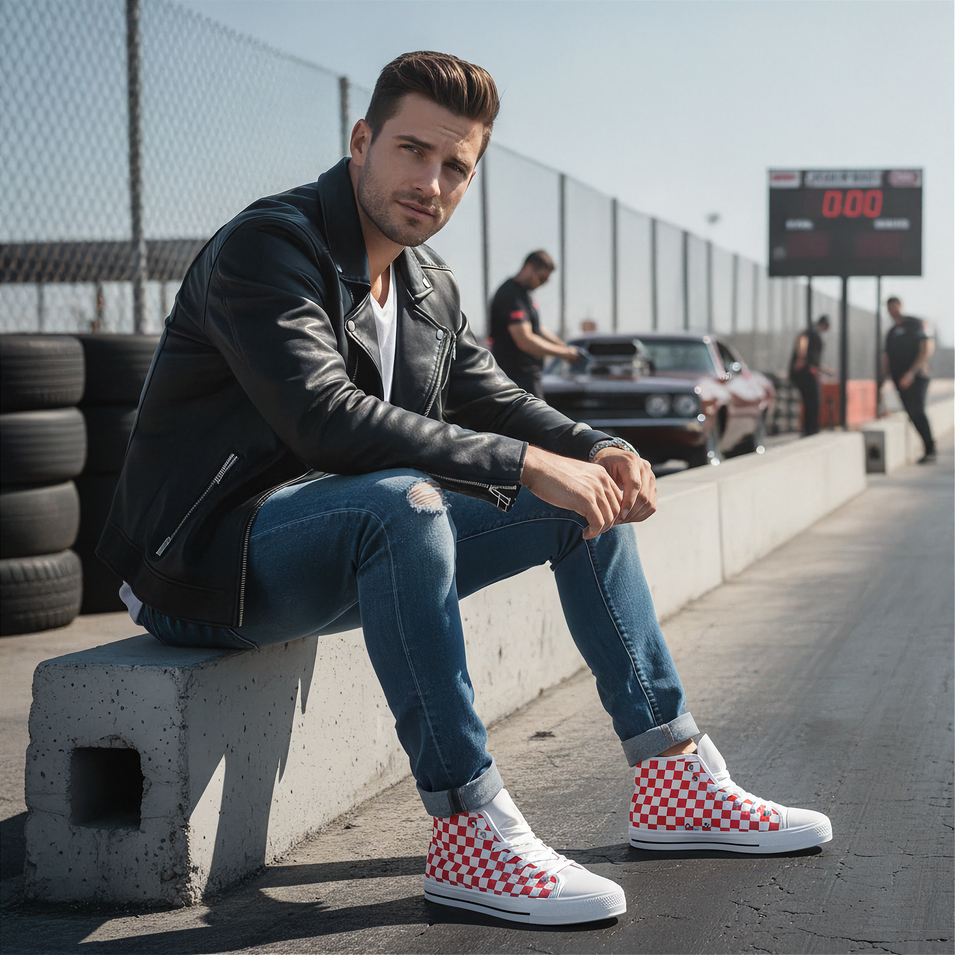 Man sitting on a concrete block wearing red and white checkered shoes at a race track.
