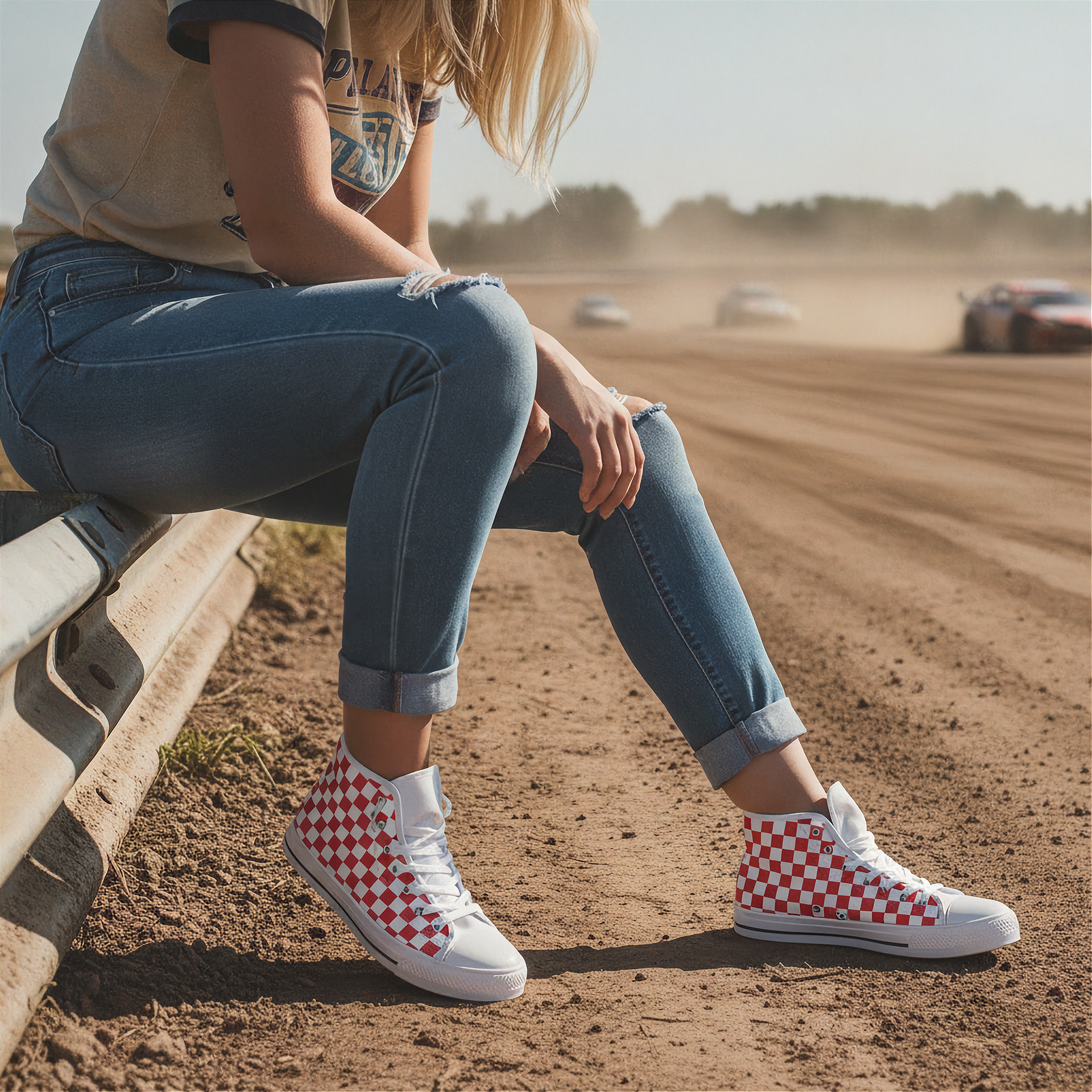 Person wearing red and white checkered shoes sitting on a dirt track with cars in the background.