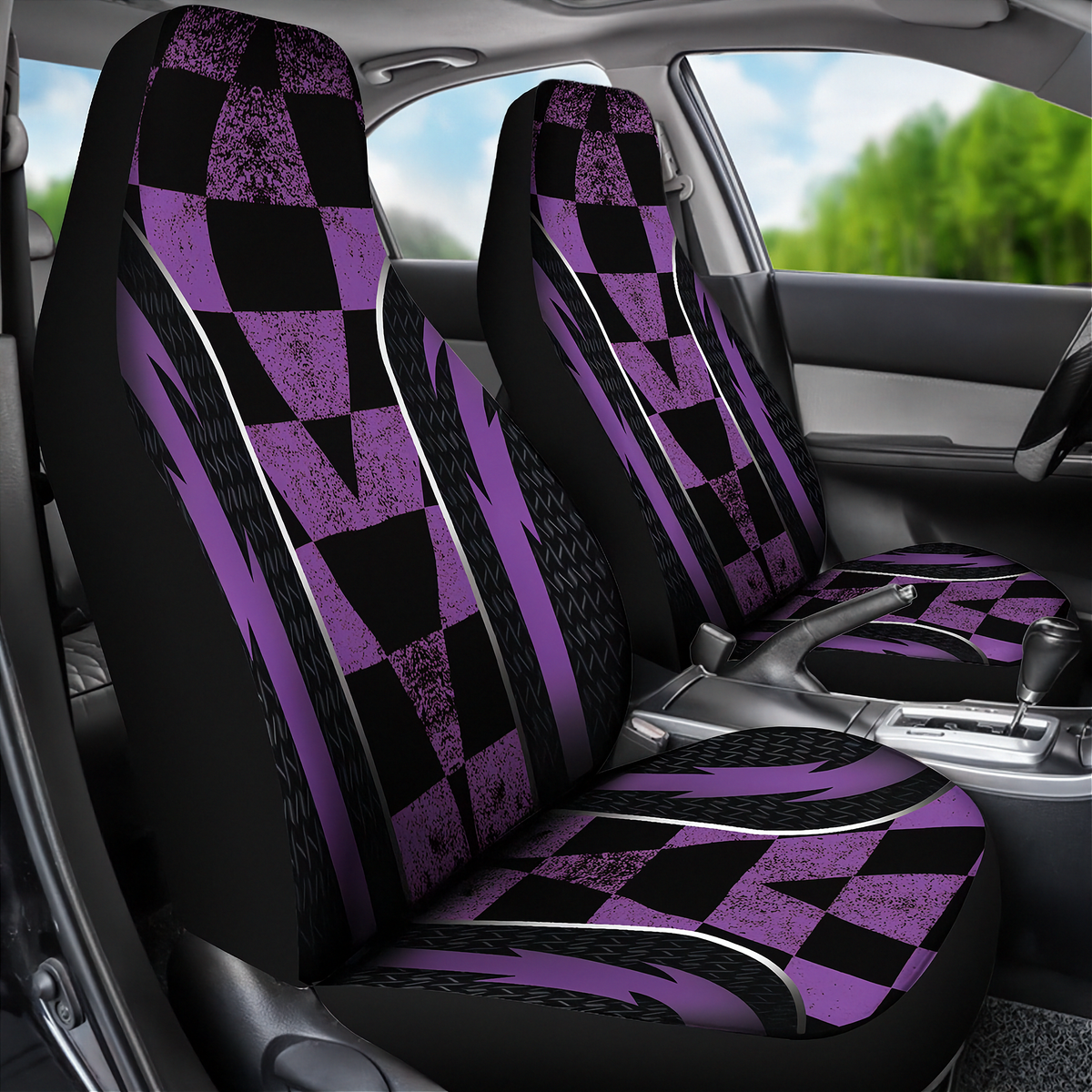 A pair of car seat covers installed on the front seats of a vehicle. The seat covers feature a bold black and purple geometric pattern with distressed textures and diagonal stripes.