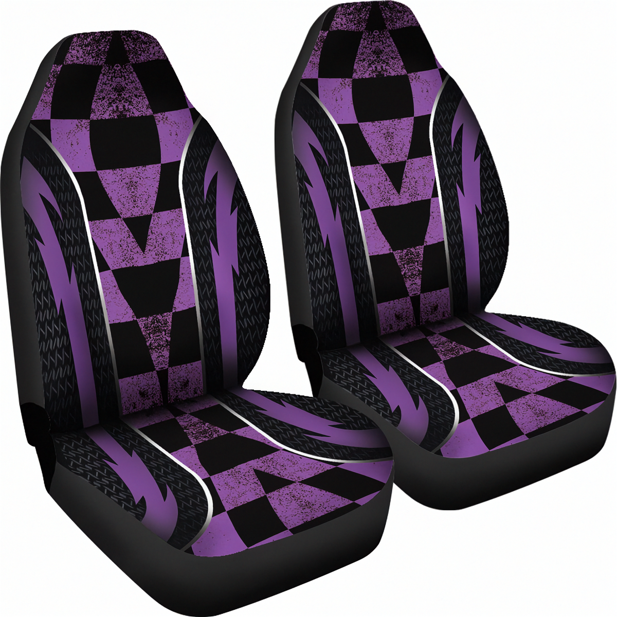 A pair of car seat covers featuring a bold black and purple geometric pattern with distressed textures, shown on a plain white background.