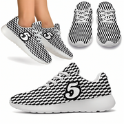 Black and white checkerboard sneakers shown in multiple views, including a top-down view, a side profile view, and a lifestyle view worn on feet. The shoes feature a bold black and white geometric pattern with a large stylized number 5 on the side.