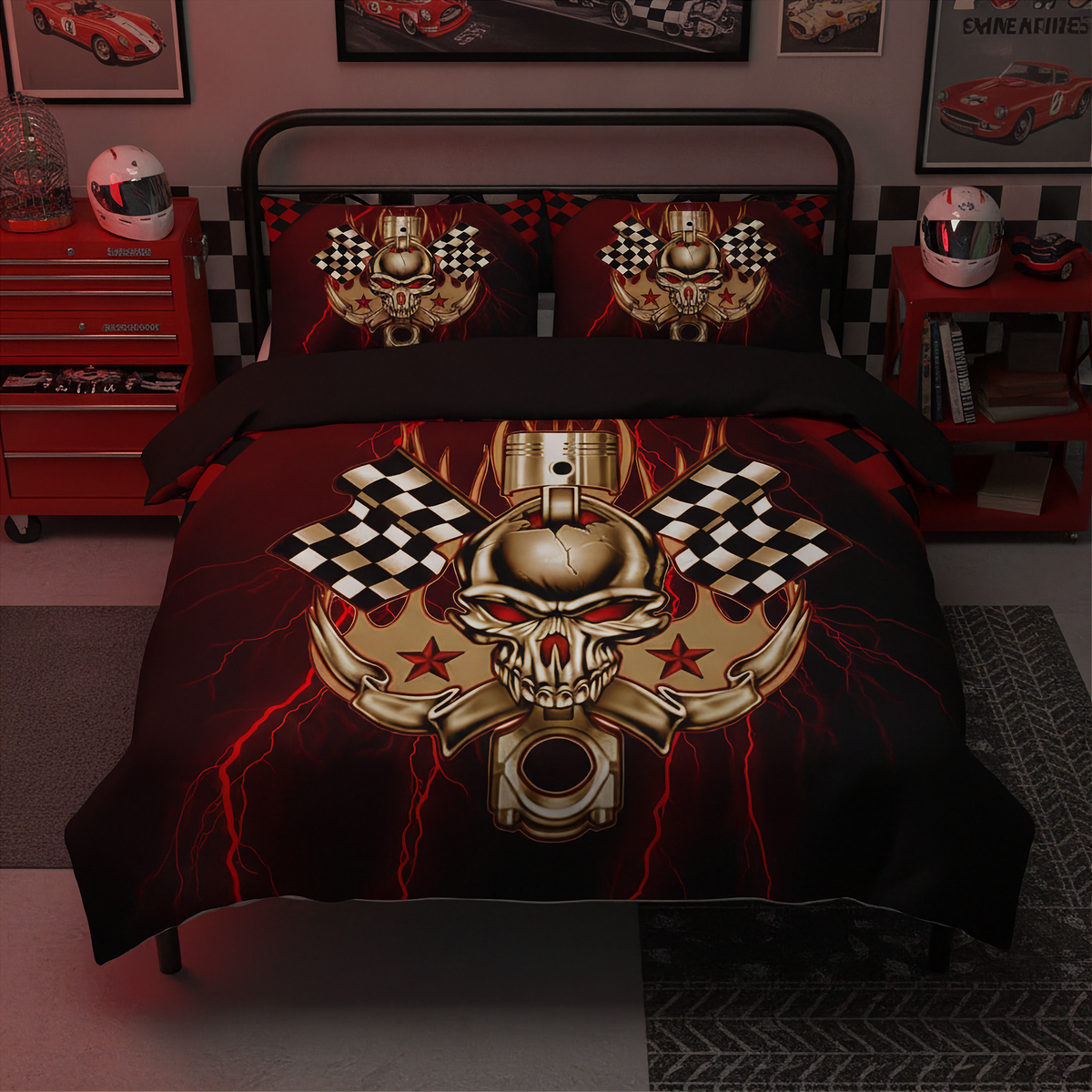 A bed dressed in a black racing-themed bedding set with a large metallic gold skull, crossed pistons, checkered flags, and red lightning effects. The room includes red toy cars, a red tool chest, and racing posters on the walls.