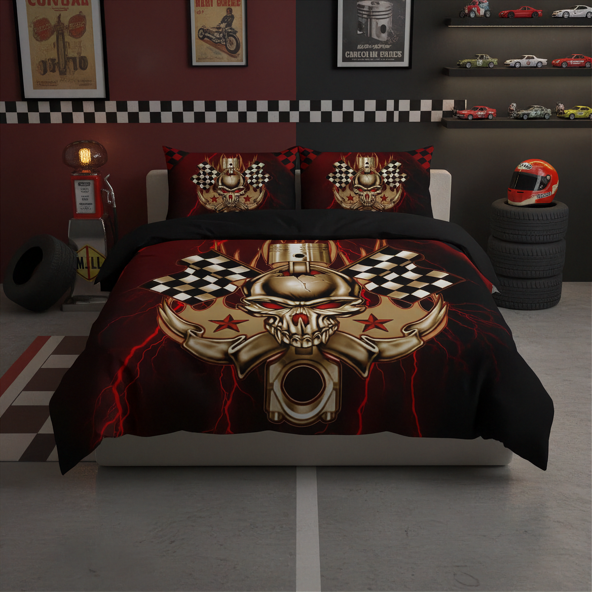A bed dressed in a black and red racing-themed bedding set with a large metallic gold skull and engine graphic, checkered flags, and lightning details, shown in a styled garage room setting.