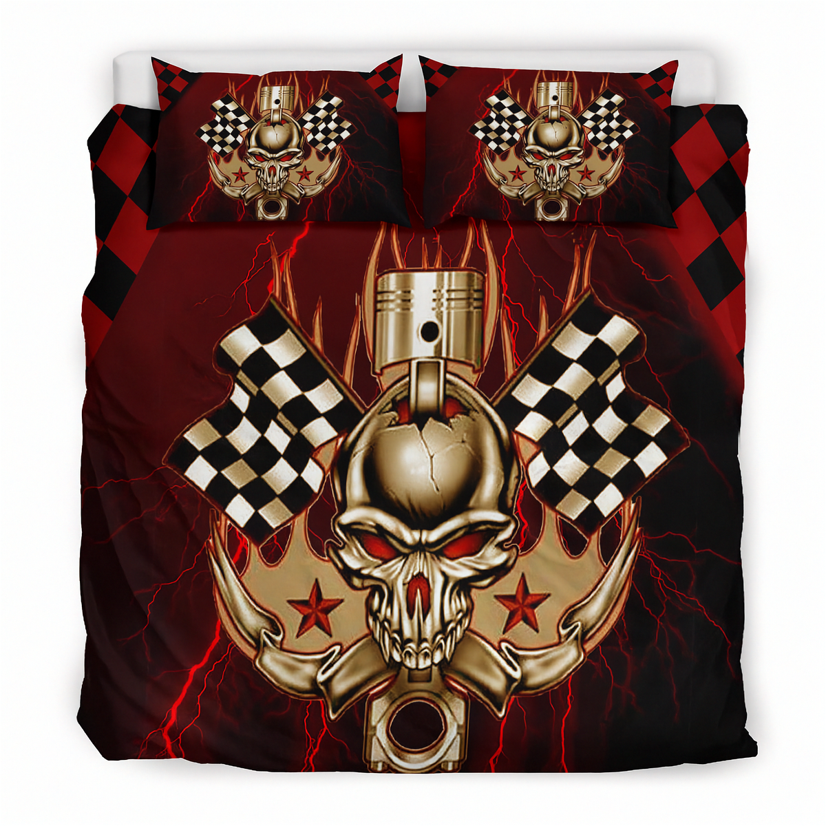 A bedding set featuring a duvet cover and two matching pillowcases with a bold racing-themed graphic design. The design includes a metallic gold skull and piston, red lightning bolts, checkered flags, and red stars on a dark red and black background.