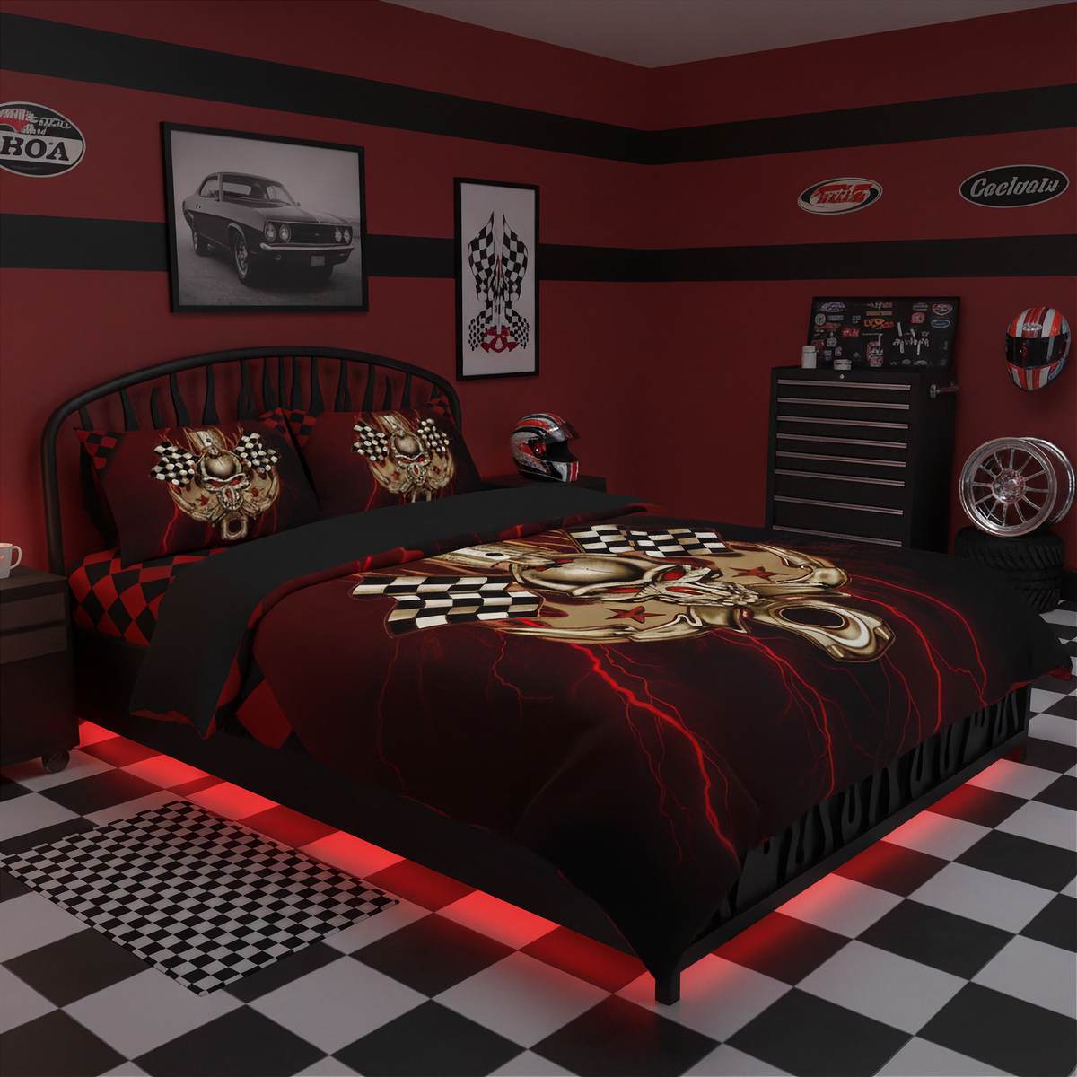 A racing-themed bedding set displayed on a bed in a garage-style bedroom. The set includes a black comforter and matching pillow shams decorated with a large gold and red muscle car graphic, checkered flag motifs, and red lightning accents.