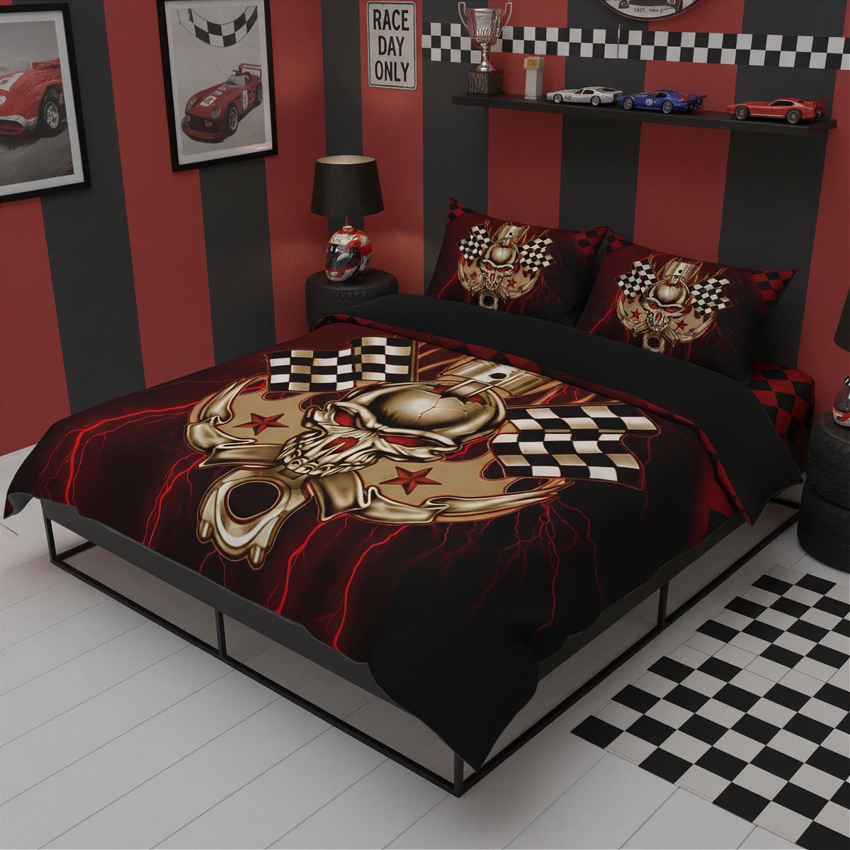 A racing-themed bedding set with a duvet cover and two pillowcases featuring a large gold skull, red lightning, and black-and-white checkered flags on a red and black striped bedroom wall.
