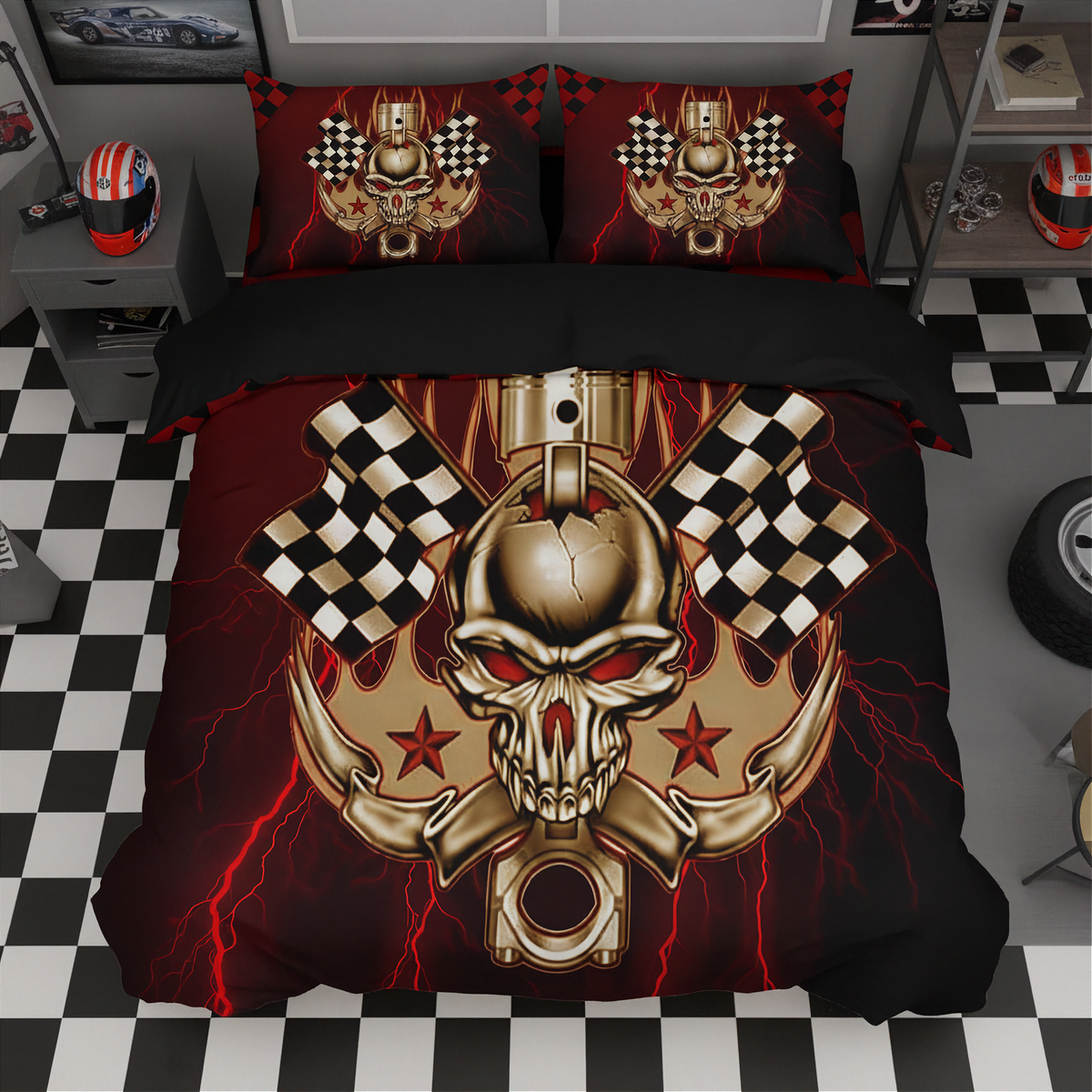 A motorcycle-themed bedding set featuring a duvet cover and two pillowcases with a graphic design of a gold skull, crossed pistons, checkered flags, and red lightning bolts on a black background, displayed in a room with a black-and-white checkered floor.