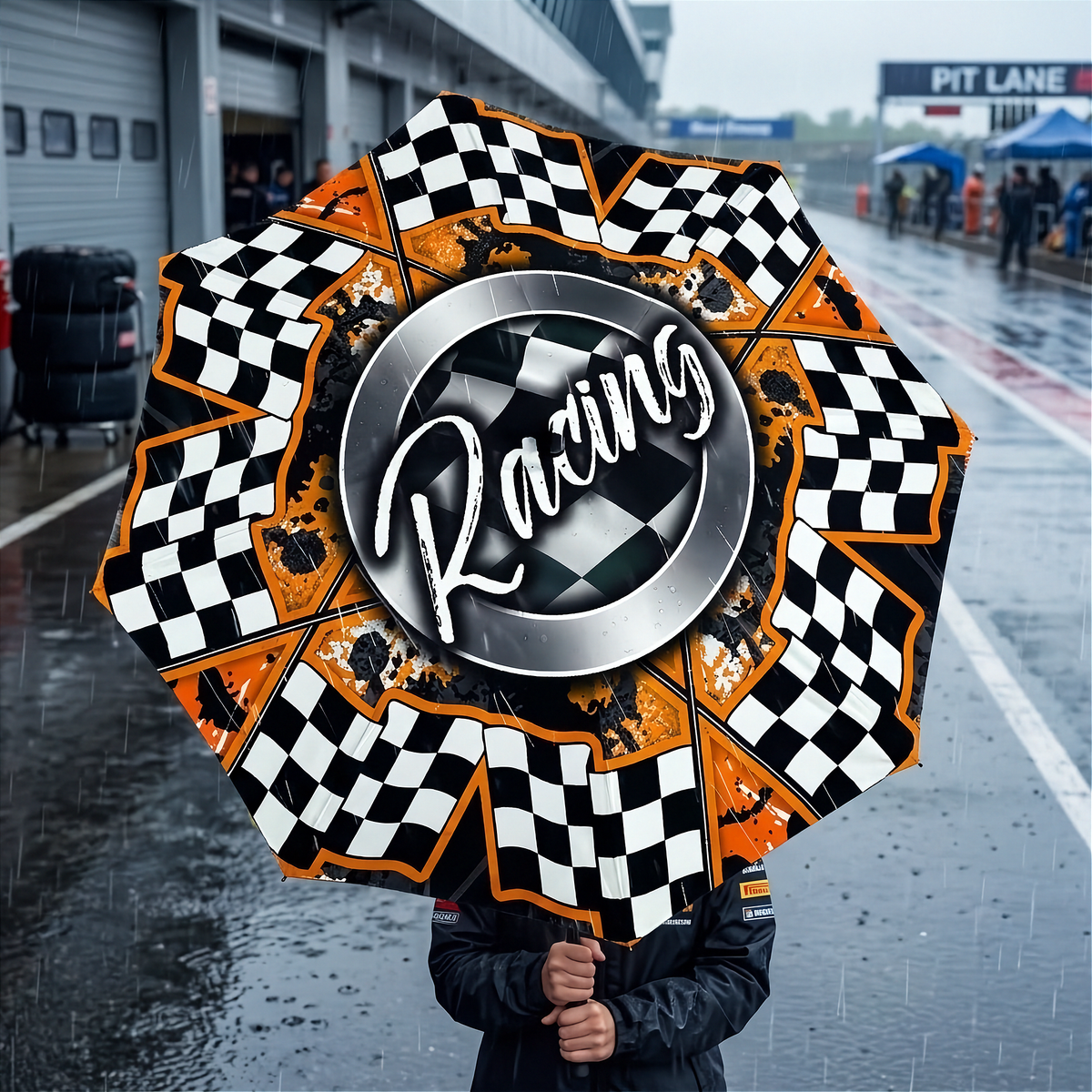 A person in a black jacket holds a large racing-themed umbrella in a rainy pit-lane setting. The umbrella features a black-and-white checkered pattern, orange flame accents, and a central metallic silver circle with the word 'Racing' in white script.