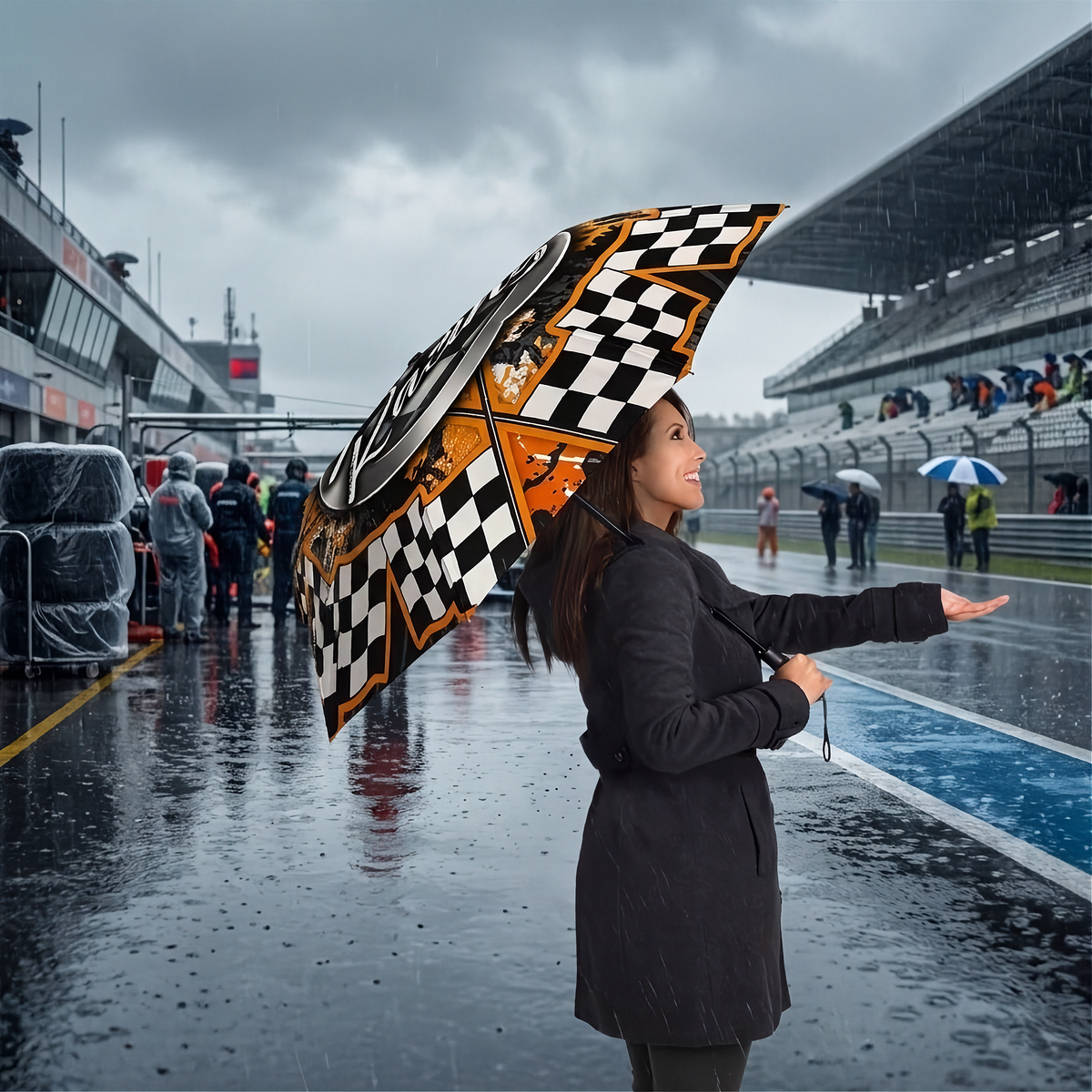 A woman standing on a wet racetrack in the rain, holding an open umbrella with a black-and-white checkered pattern and orange racing graphics. Race grandstands, track barriers, and other umbrellas are visible in the background.