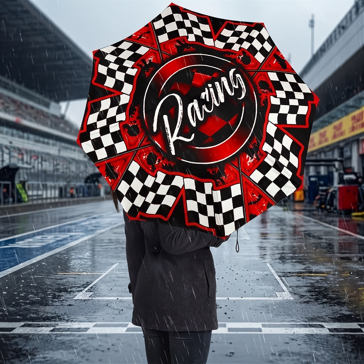A woman in a dark gray coat stands in the rain at a racetrack holding an open umbrella with a black and white checkered pattern and red accents. The racetrack and grandstands are visible in the background under a cloudy sky.