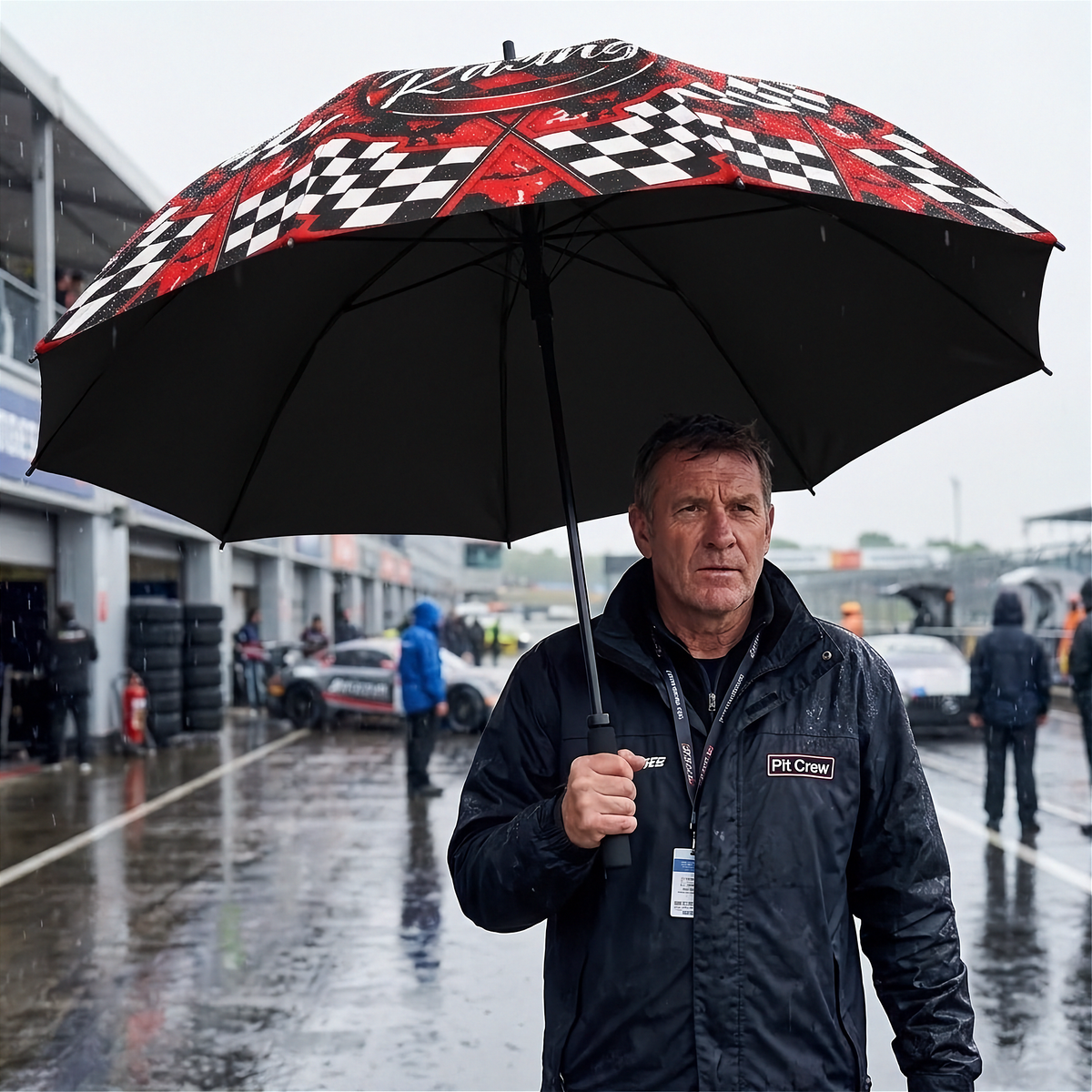 A man in a Pit Crew jacket holding a large black umbrella with a red, black, and white checkered pattern on a wet racetrack.
