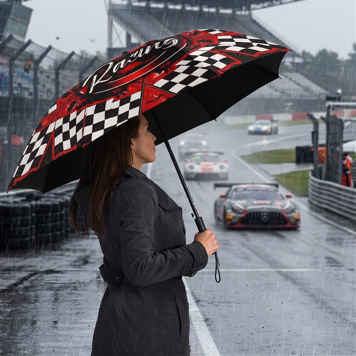 A woman in a dark coat stands on a wet racetrack holding a large open umbrella with a racing design. The umbrella features a black and white checkered pattern, red racing graphics, and the word 'Racing' in white script.