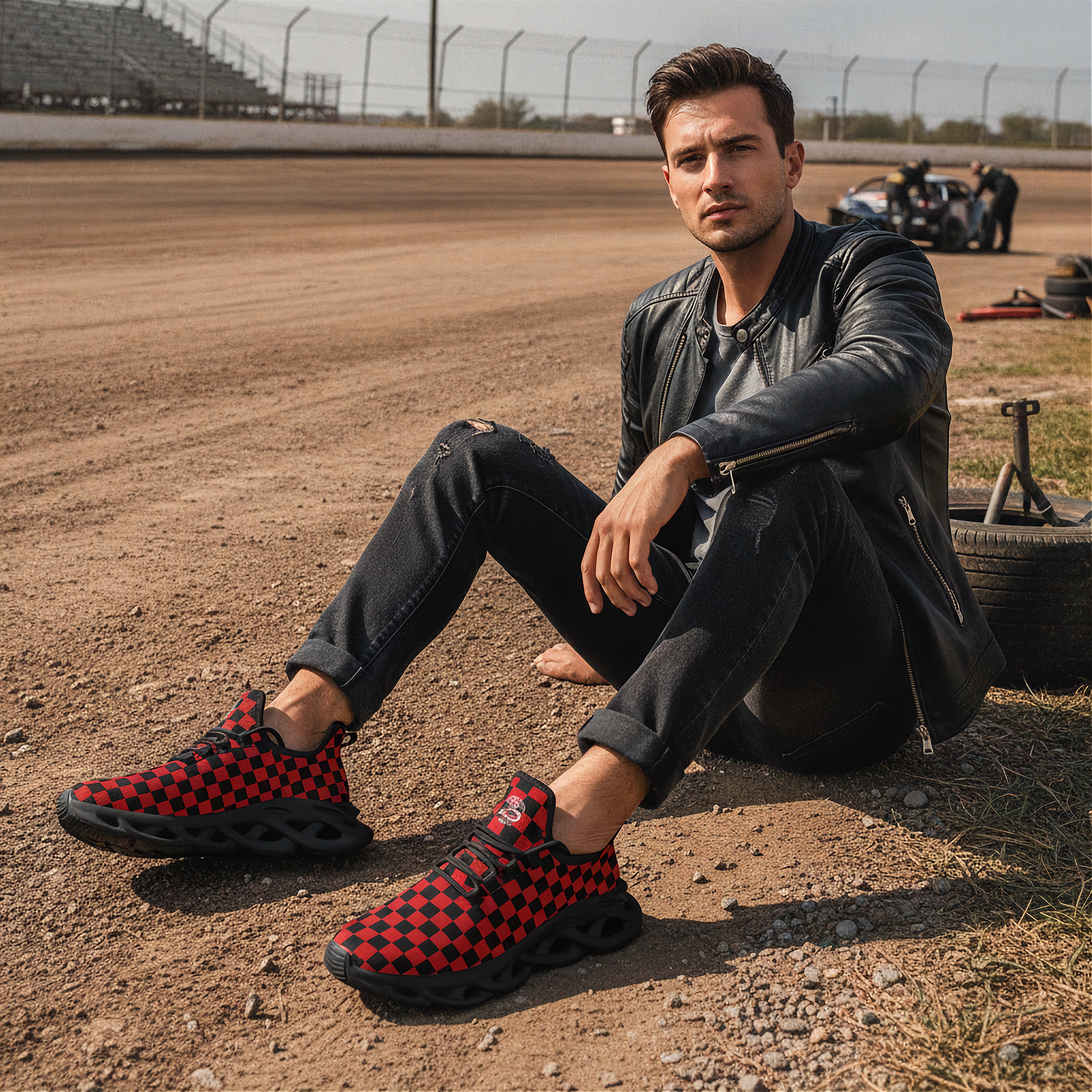 Man sitting on a dirt track wearing red and black checkered shoes