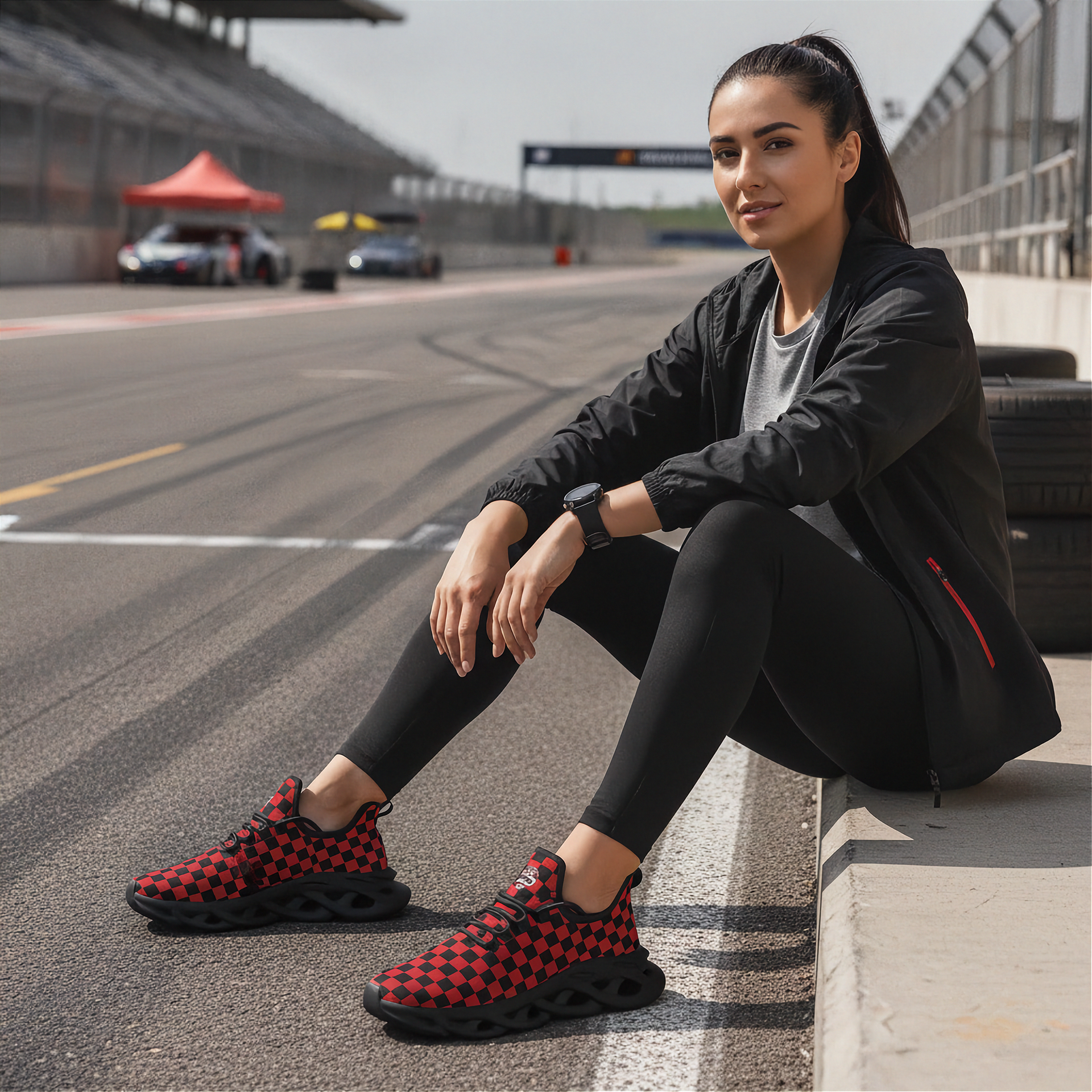 Woman sitting on a race track wearing black and red checkered shoes