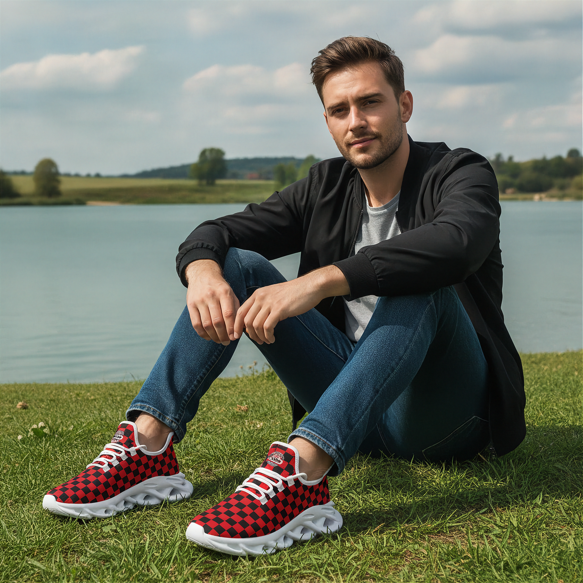 Man sitting by a lake wearing red and black checkered sneakers