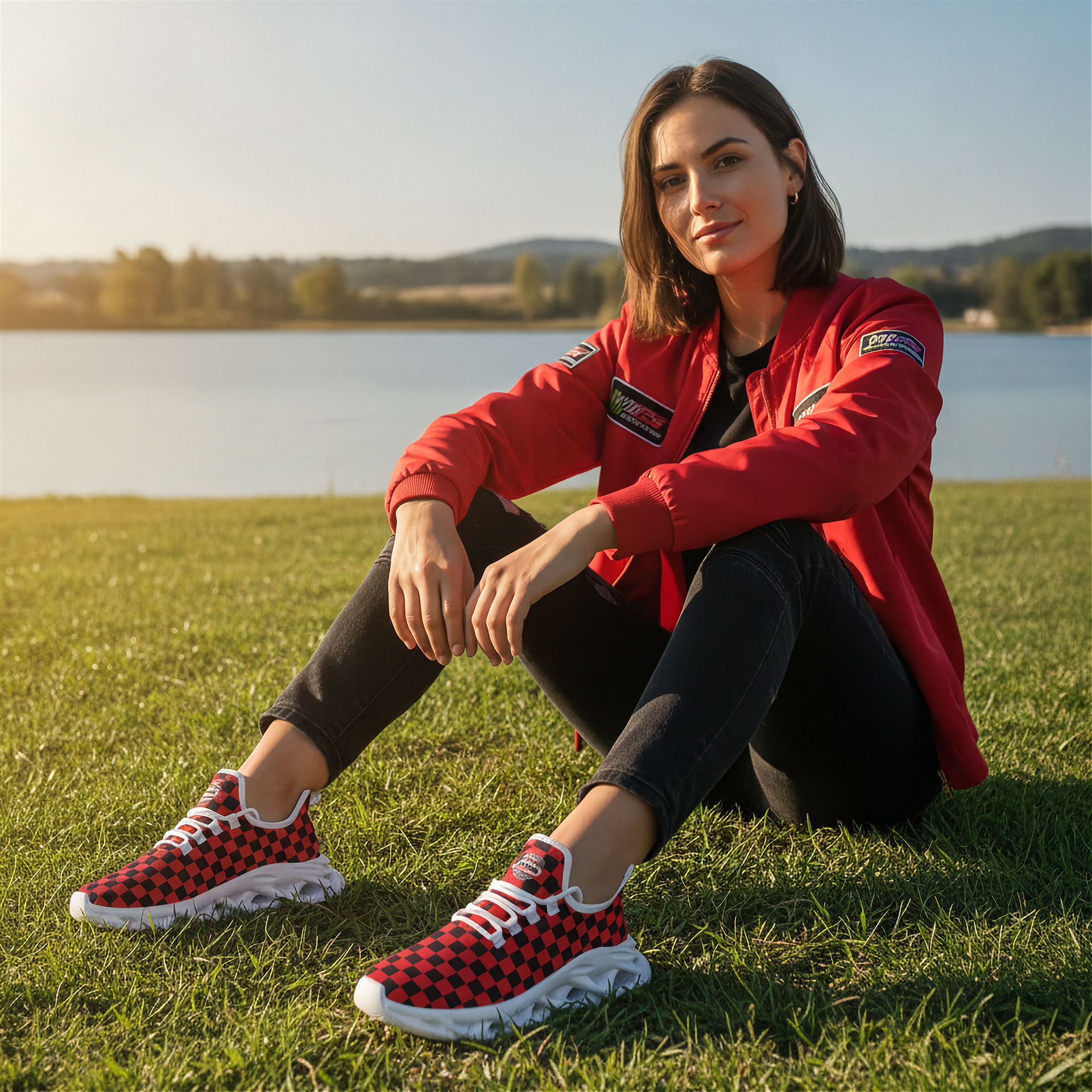 Woman in a red jacket and checkered shoes sitting on grass by a lake.