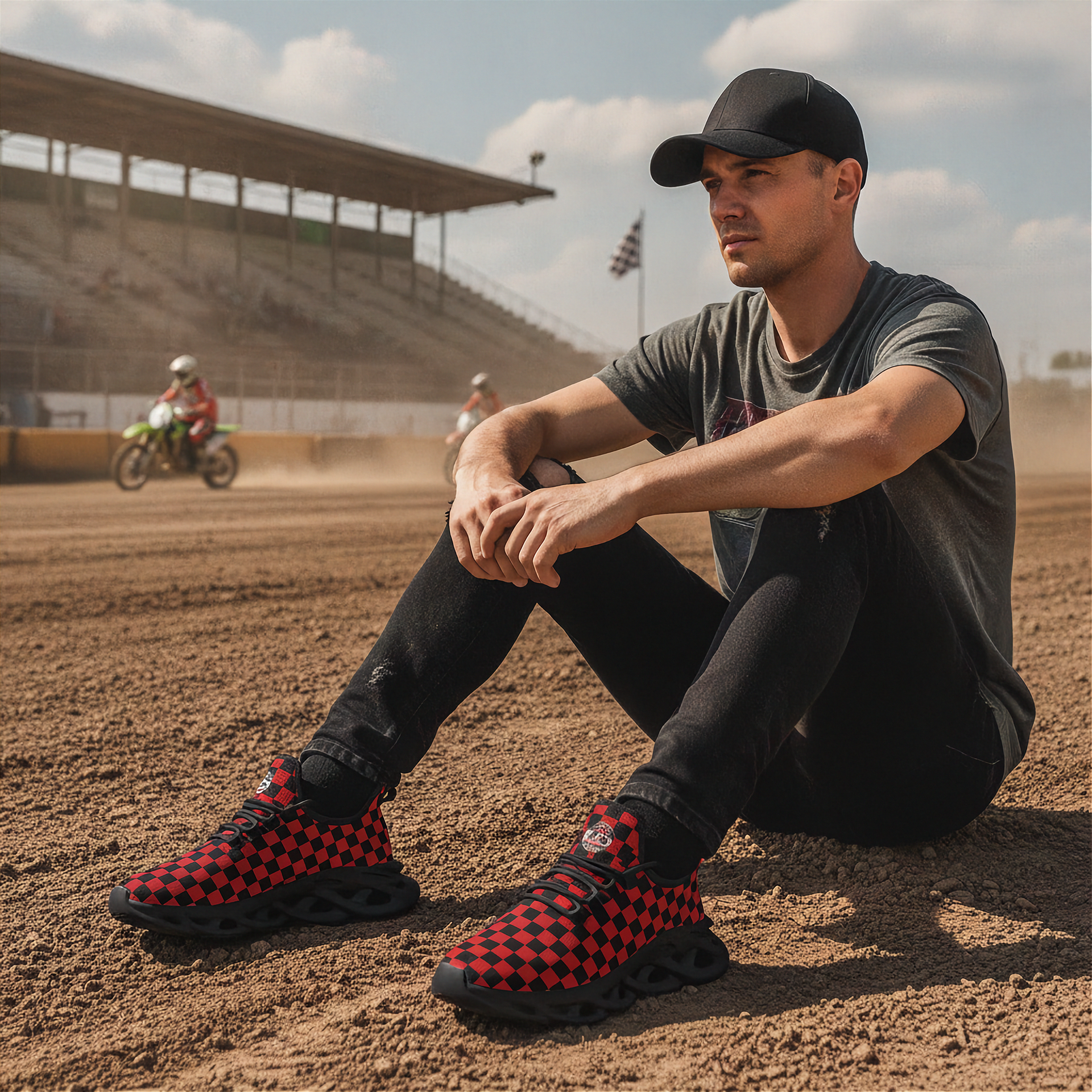 Man sitting on a dirt track wearing red and black checkered shoes, with a motorcycle in the background.