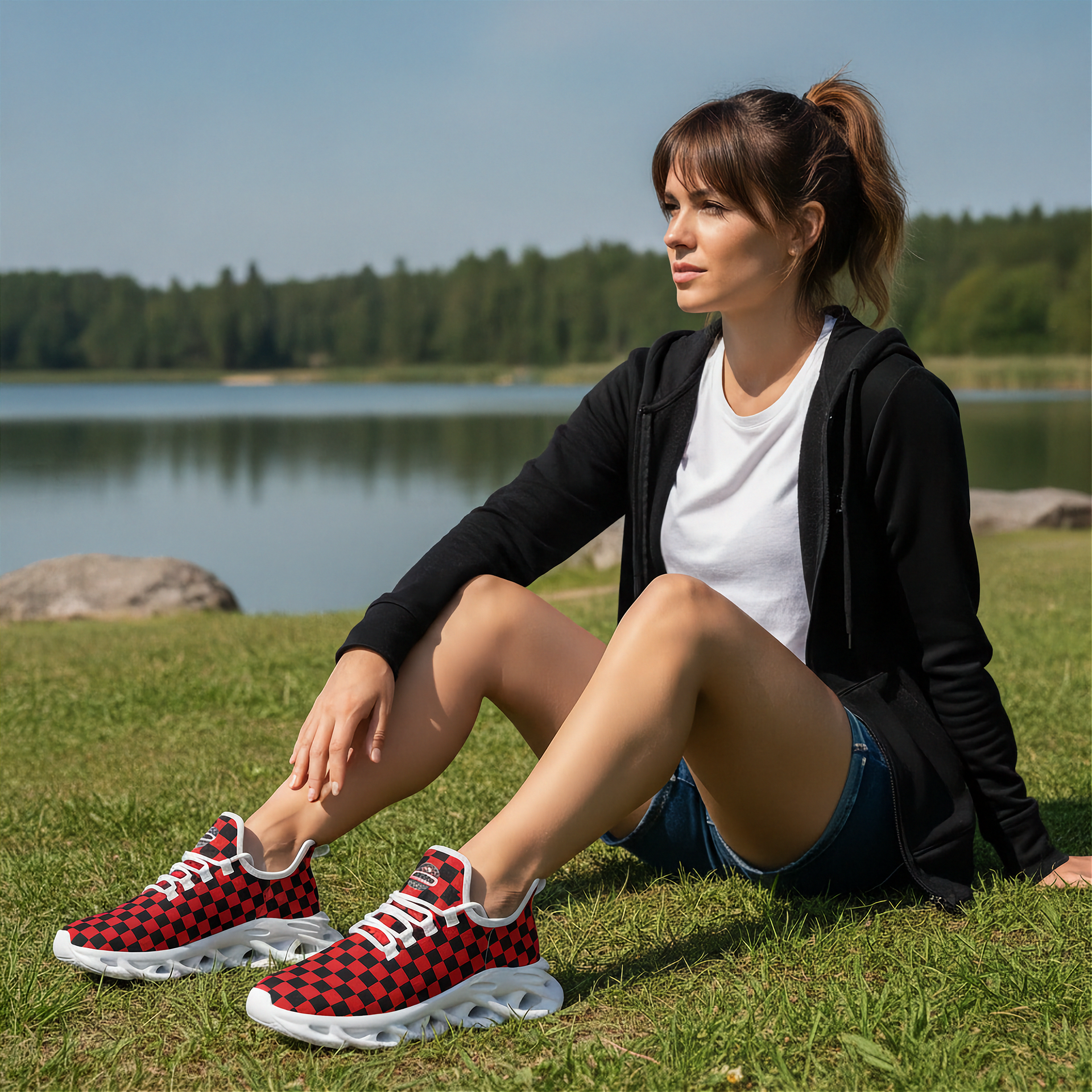 Woman sitting on grass by a lake wearing red checkered sneakers.