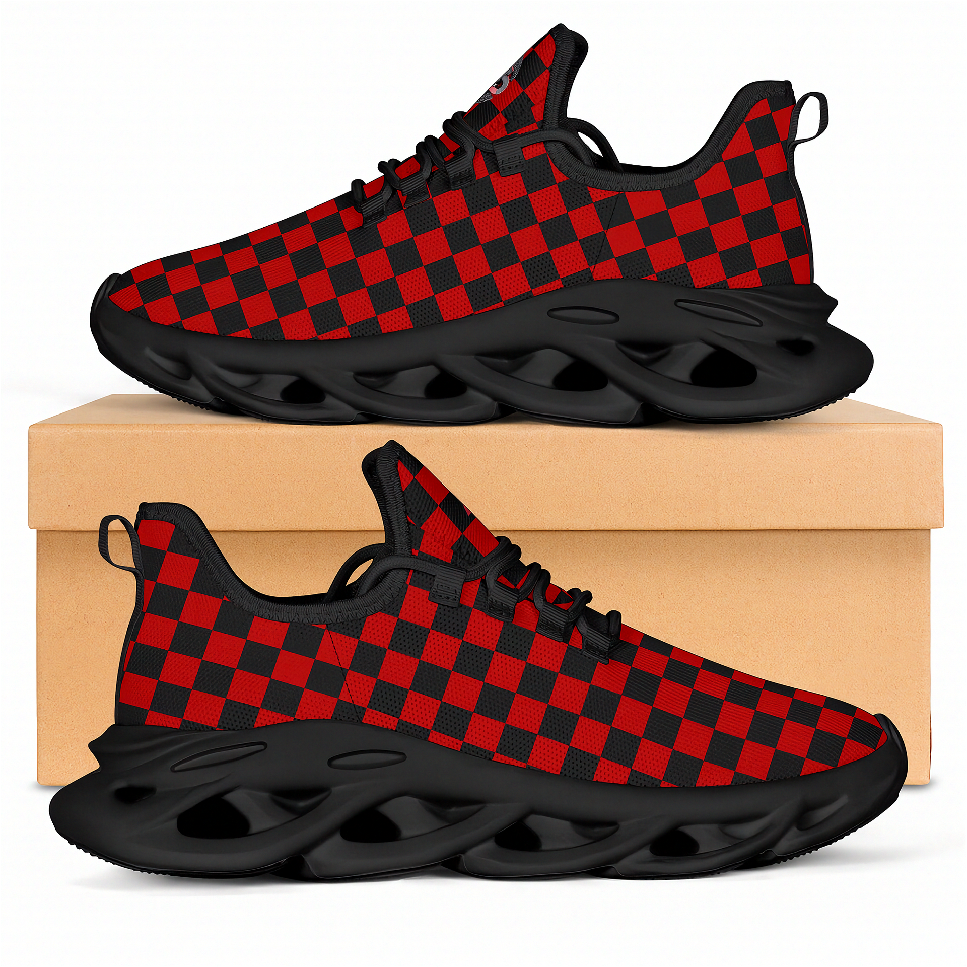 Red and black checkered sneakers on a beige box with a white background