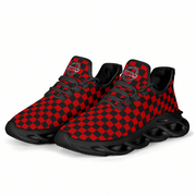 Red and black checkered sneakers on a white background