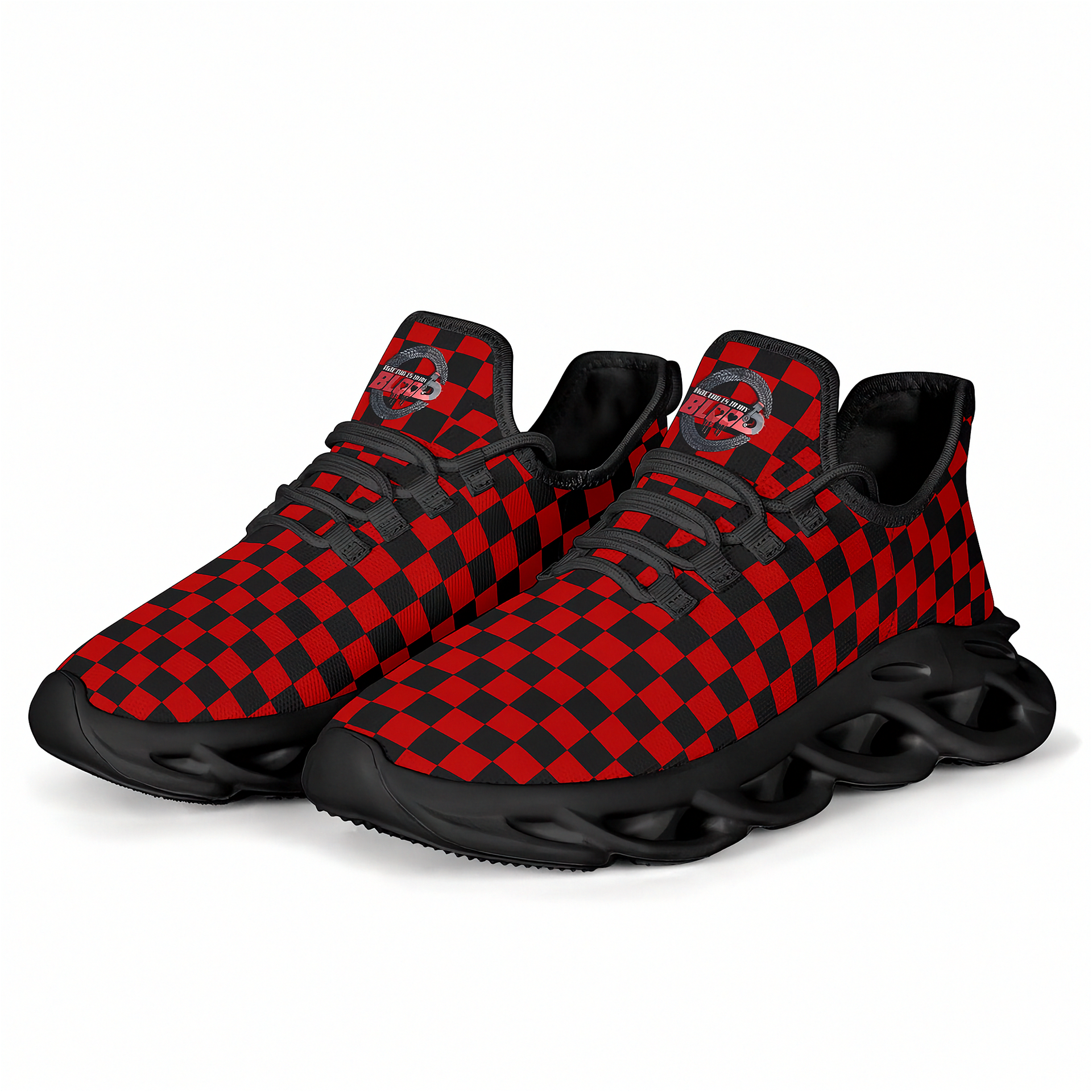 Red and black checkered sneakers on a white background
