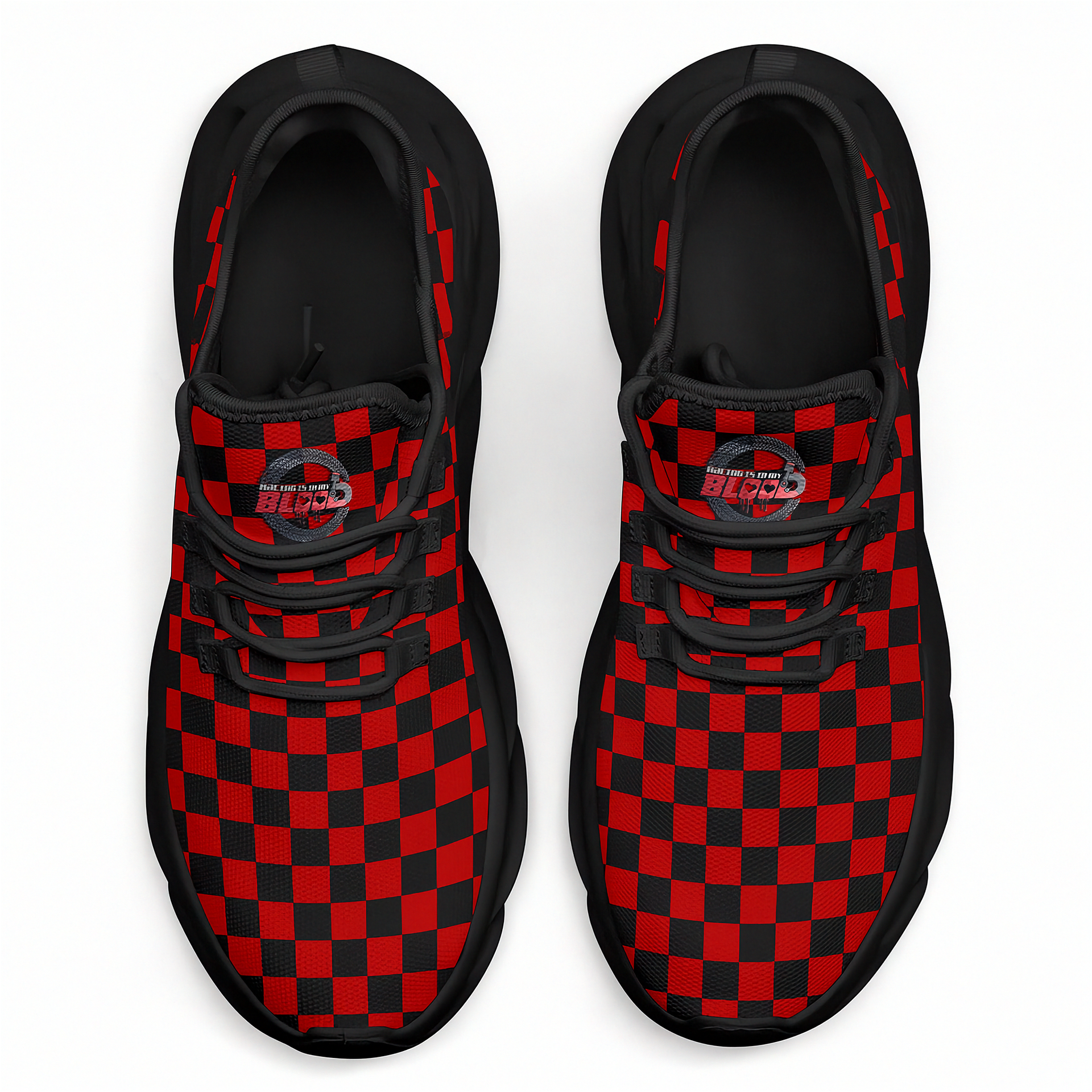 Red and black checkered shoes on a white background