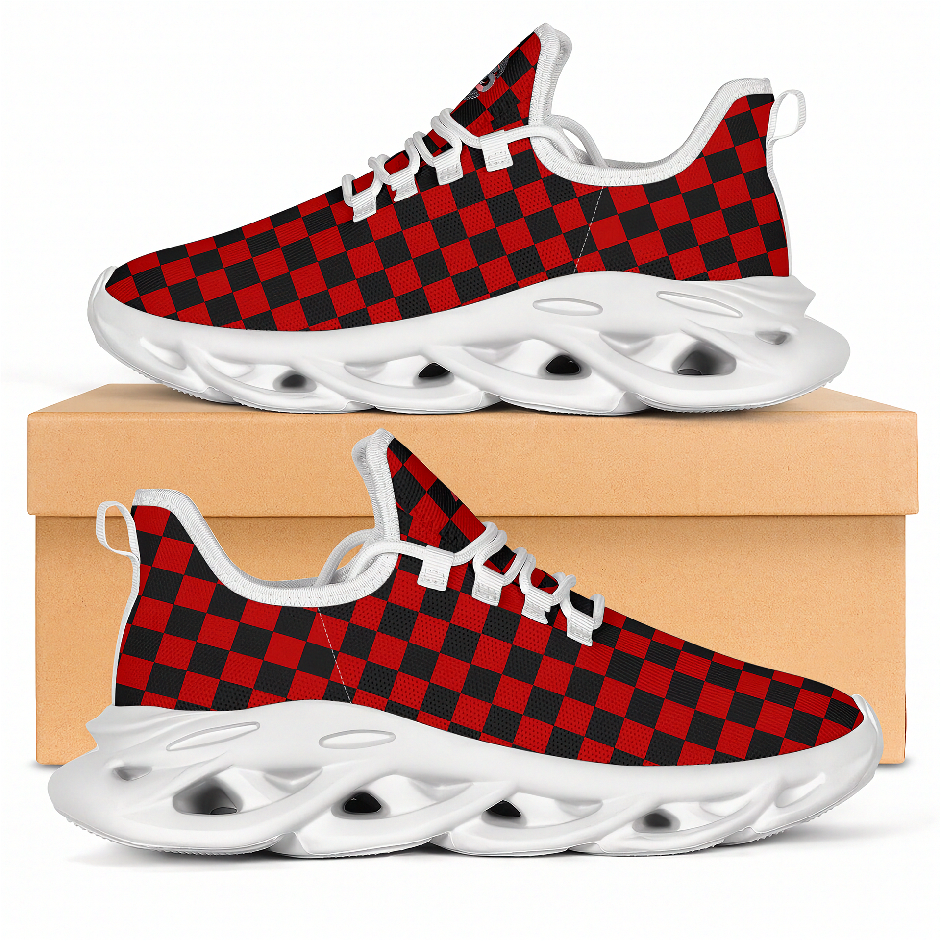 Red and black checkered sneakers with white soles on a beige box.