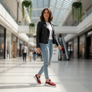 Woman walking in a modern shopping mall wearing a black leather jacket, light blue jeans, and red sneakers.