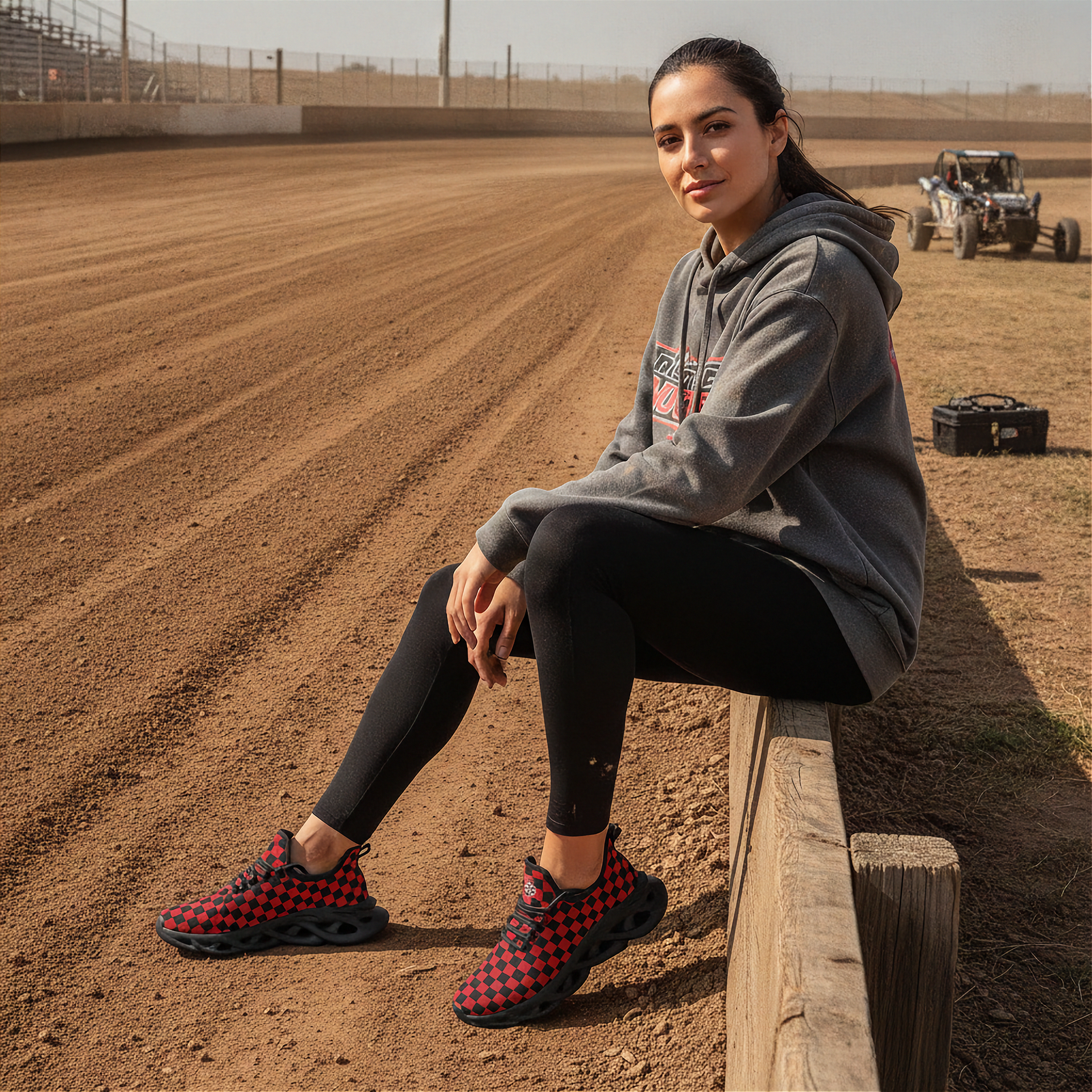 Woman sitting on a wooden block at a dirt track wearing a gray hoodie and black leggings with red checkered shoes.