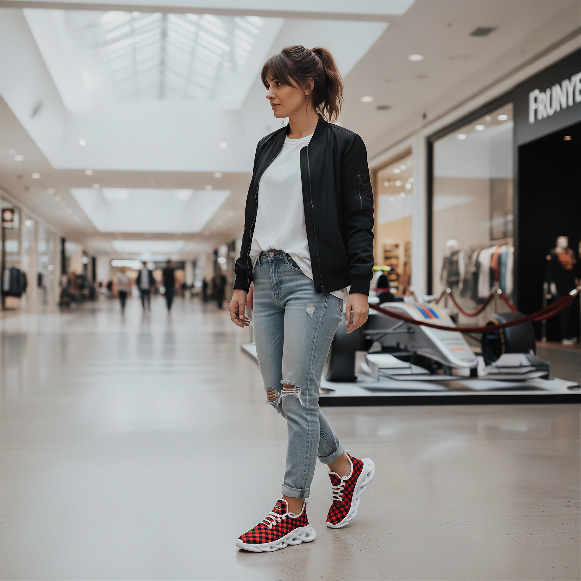 Woman in a black jacket, white shirt, and red checkered sneakers walking in a mall.