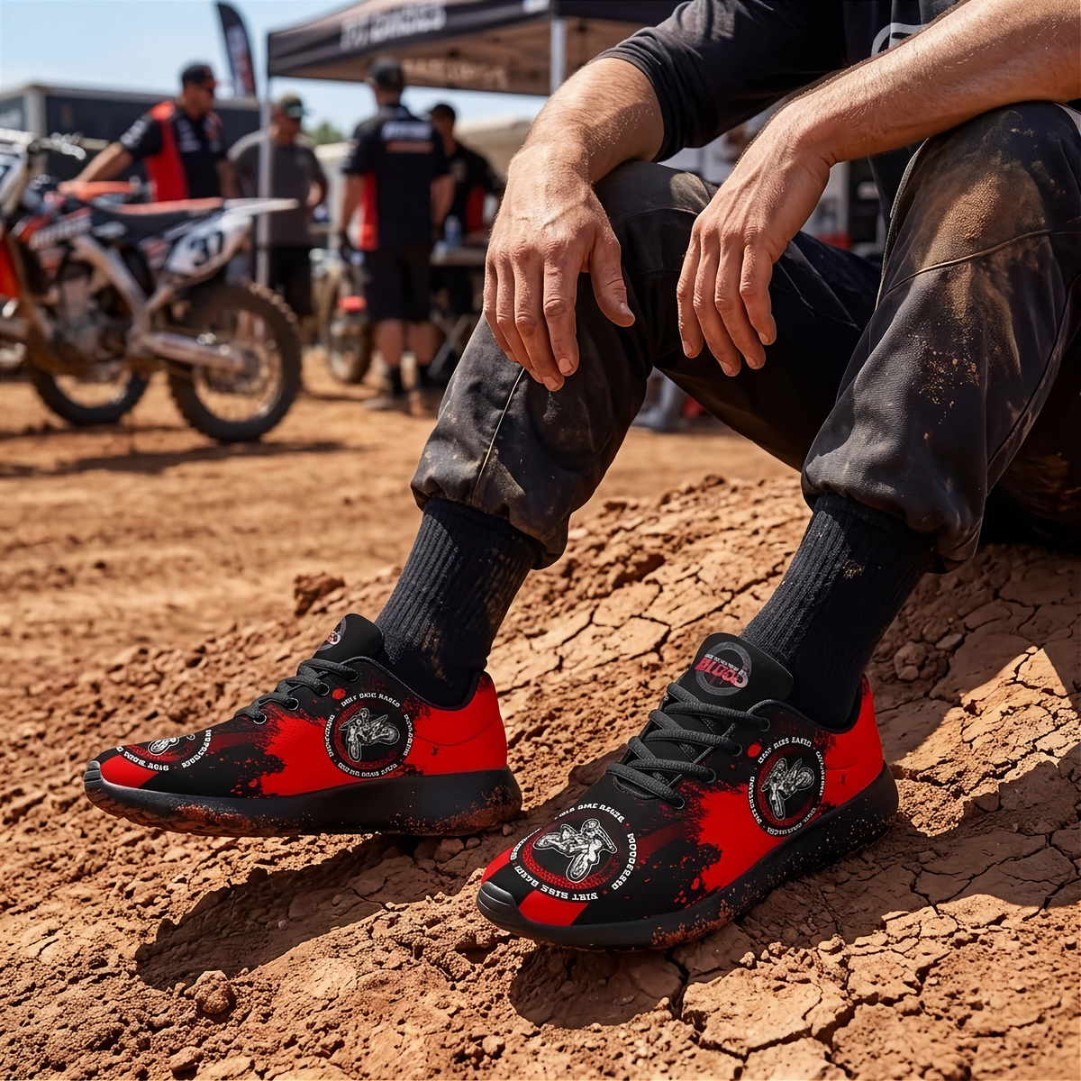 A person sitting on dry cracked earth at an outdoor dirt bike event, wearing black and red graphic sneakers with black socks and dark muddy pants. Dirt bikes and people are blurred in the background.