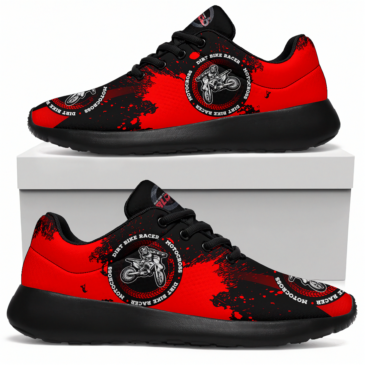 A pair of low-top sneakers shown on a white background, with one shoe resting on top of a white box and the other below. The shoes have a bold red and black splatter design with circular motorcycle graphics and the words 'dirt Bike Racer' and 'Motocross Racing'.
