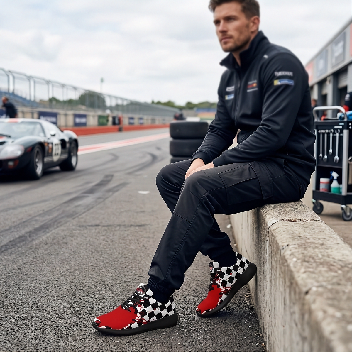 A man in a black racing suit sits on a concrete barrier at a racetrack, wearing red and black checkered high-top sneakers. A classic race car is visible in the background on the track.