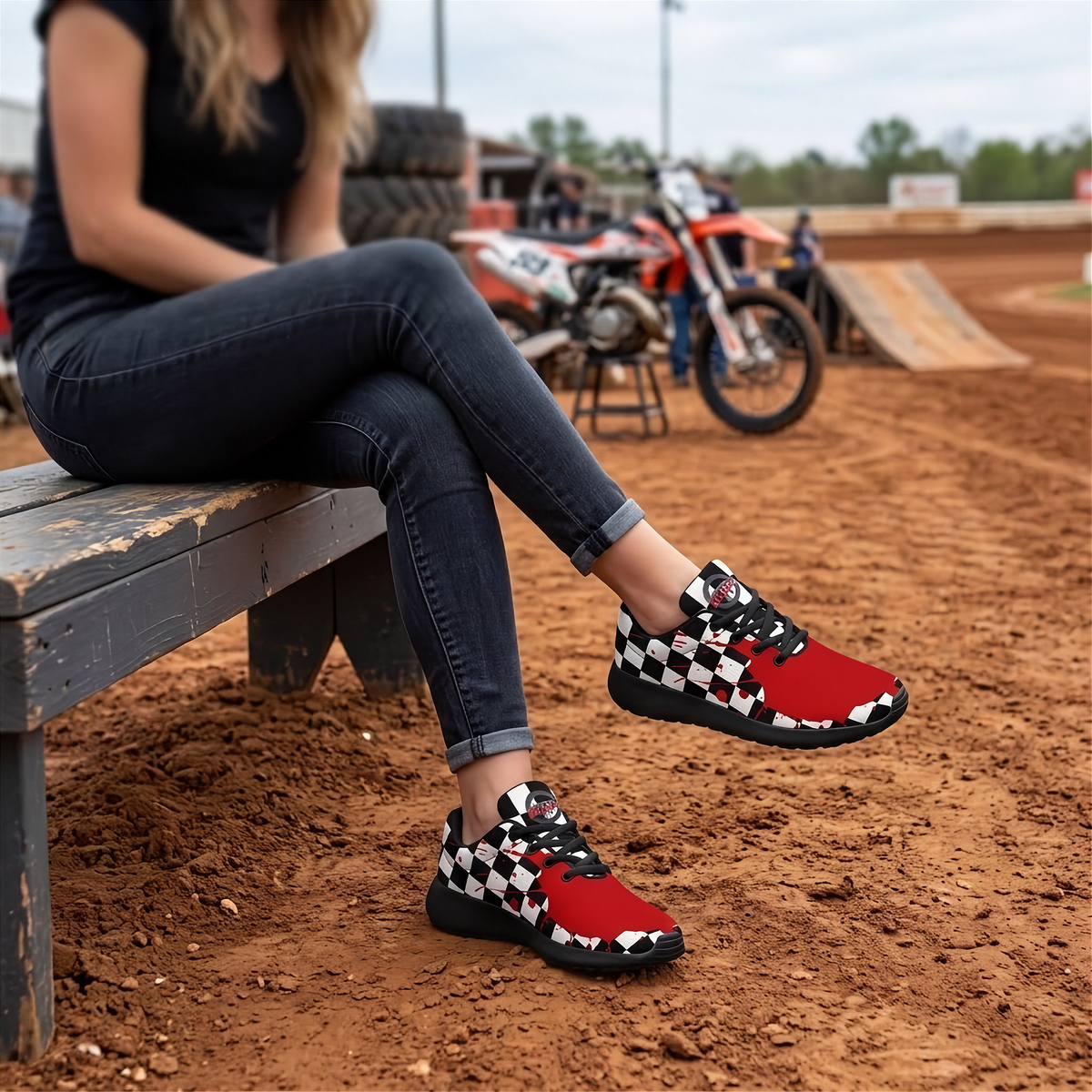 A person sitting on a wooden bench at a dirt track wearing red sneakers with a black and white checkered pattern. An orange dirt bike is blurred in the background.