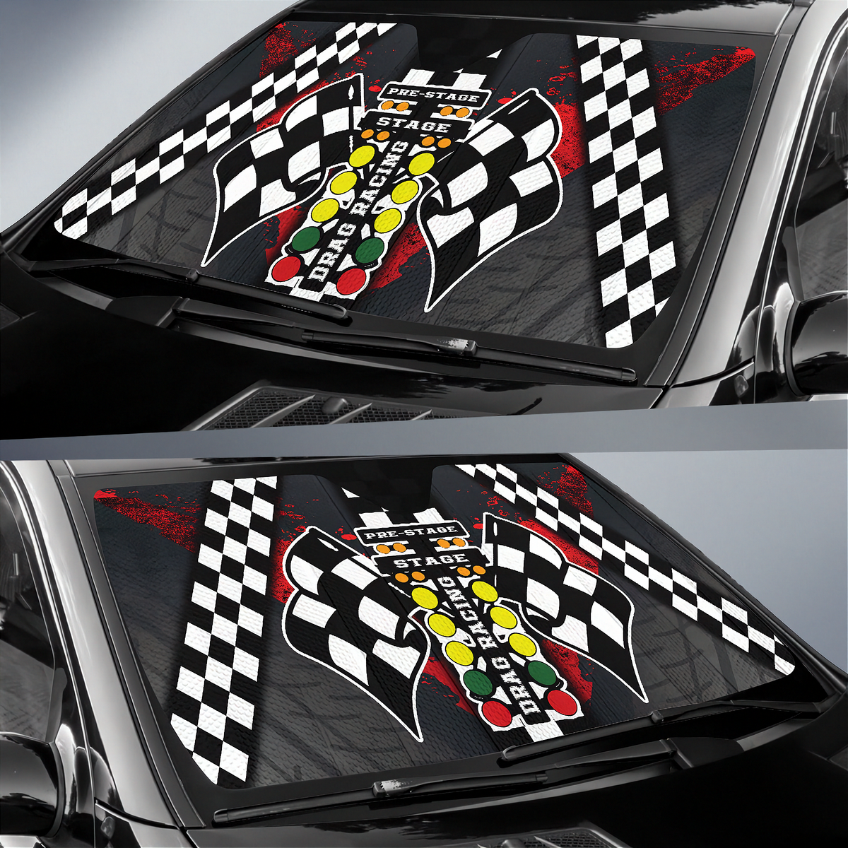 A race-themed windshield sun shade shown installed on a car windshield in two stacked views. The shade features a black-and-white checkered flag design, red paint splatter accents, and a central graphic with the words 'Racing Stage' and a traffic light motif in red, yellow, and green.