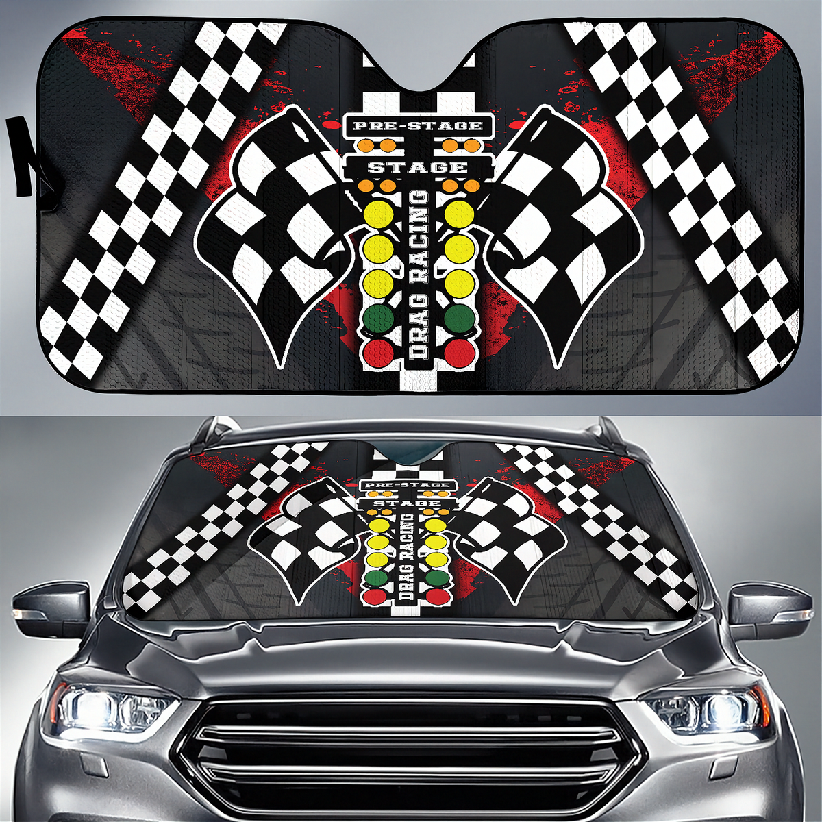 A car windshield sun shade shown in two views: a flat top-down view and installed on the front windshield of a gray SUV. The sun shade features a drag racing theme with black-and-white checkered flags, a starting line graphic, and red paint splatter details on a dark background.