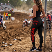 A woman stands on a dirt motocross track wearing black leggings with red vertical 'MOTOCROSS WIFE' text and a red heart graphic on the hip, alongside a chain-link fence and motocross bikes in the background.
