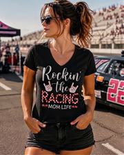 "Rockin' The Racing Mom Life" apparel collection featuring premium Bella V-necks, durable Gildan cotton t-shirts, and ultra-soft Next Level triblend shirts for motorsports fans.