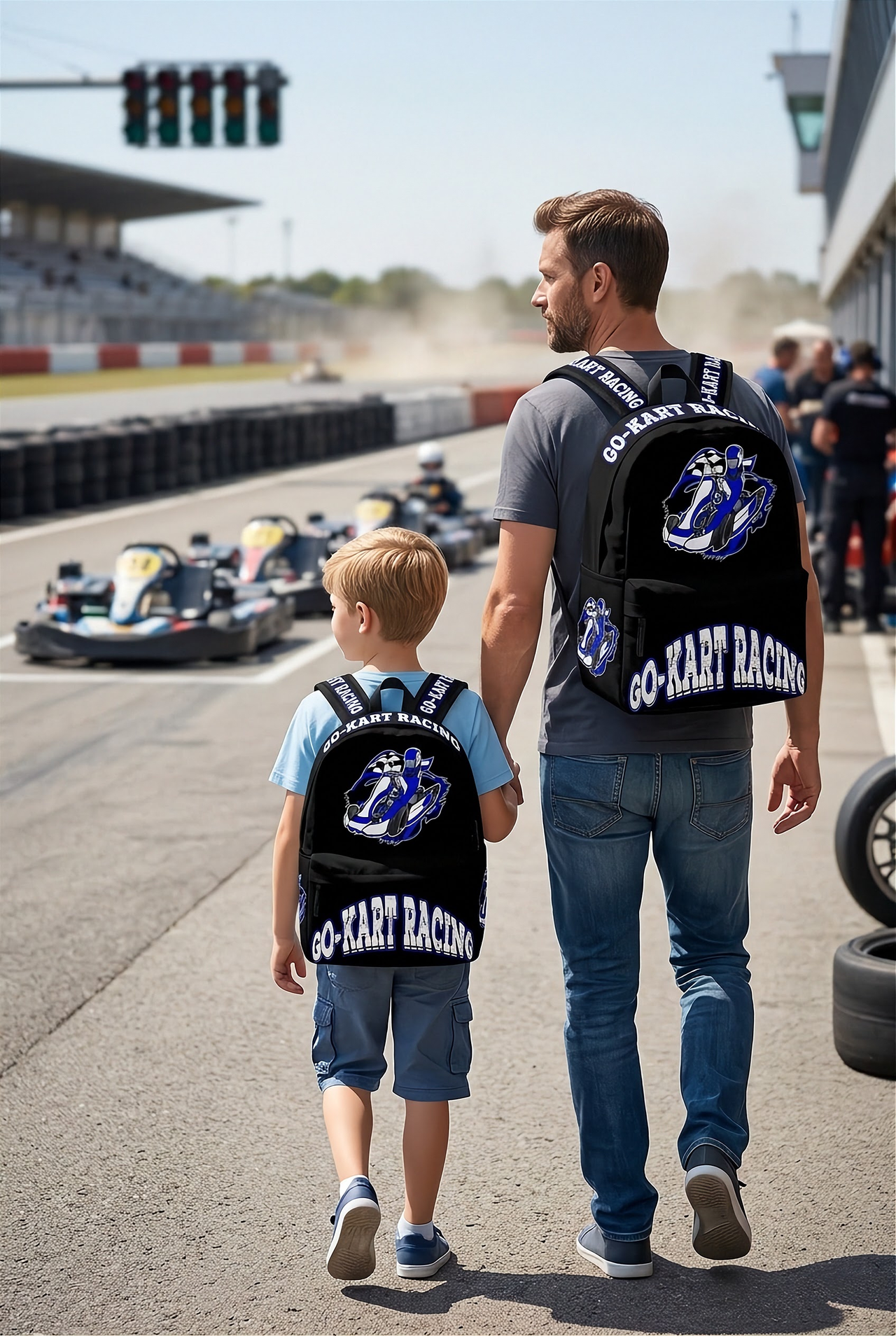 An adult man and an 8 to 12 year old child walking hand-in-hand down a professional outdoor go-kart track pit lane, both wearing identical custom blue go-kart track backpacks viewed from behind.