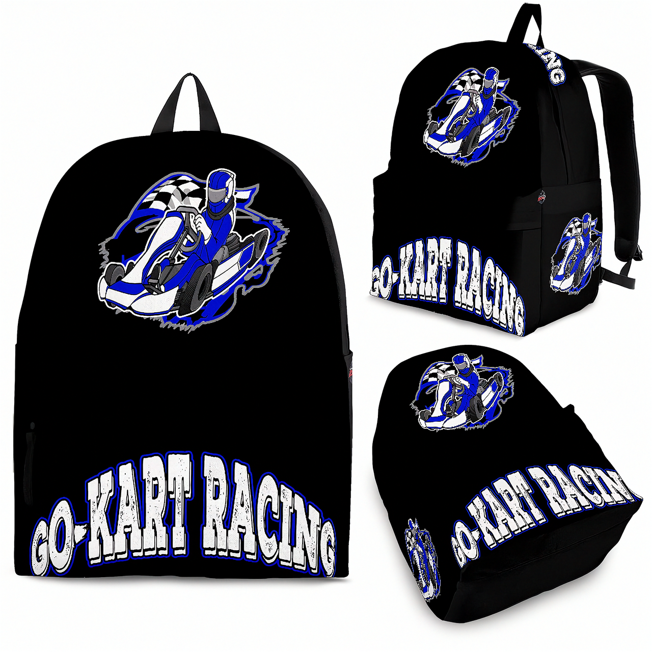 An adult man and an 8 to 12 year old child walking hand-in-hand down a professional outdoor go-kart track pit lane, both wearing identical custom blue go-kart track backpacks viewed from behind.