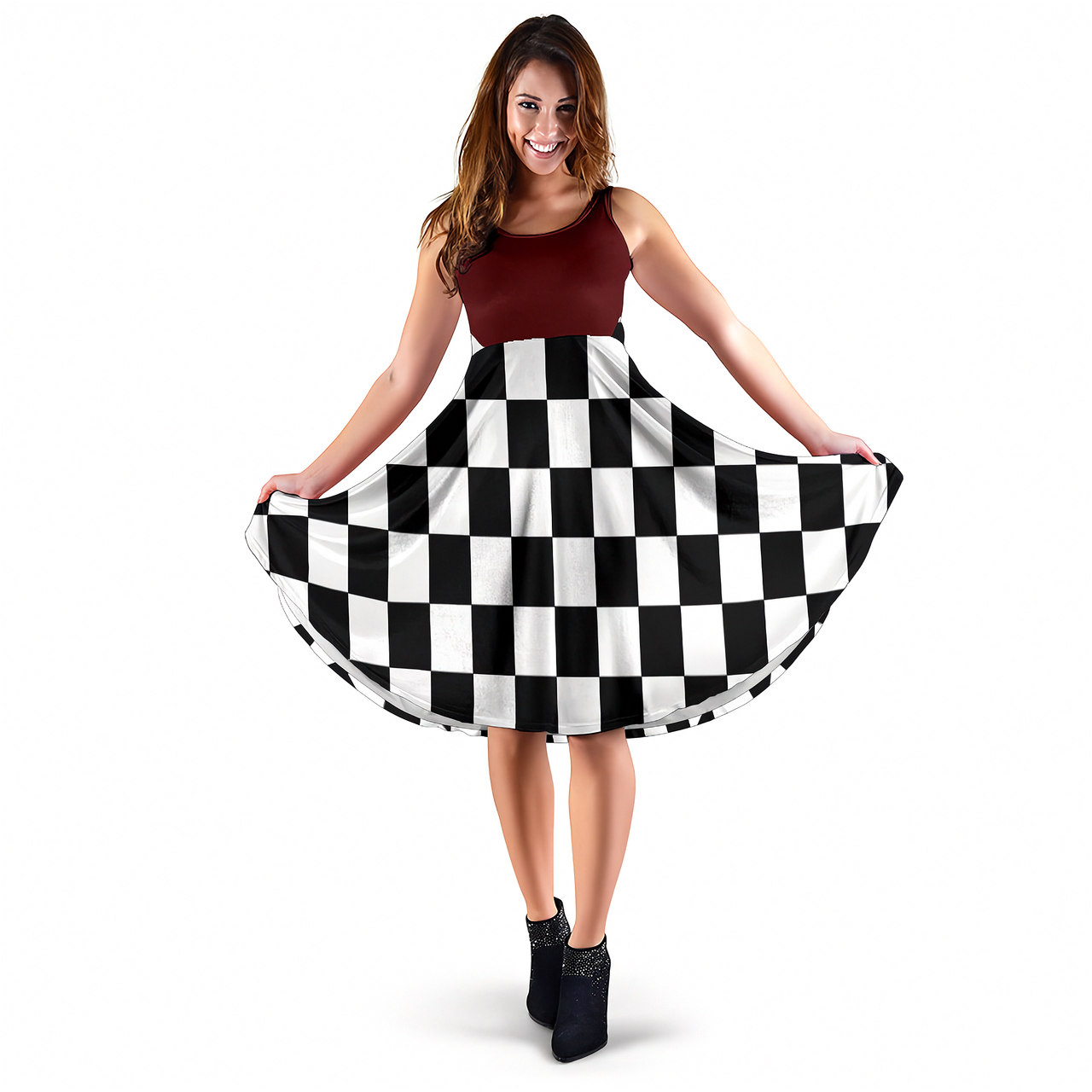 Sophisticated mixed maroon checkered flag racing dress, ultra-soft velvet-blend midi dress with functional pockets.