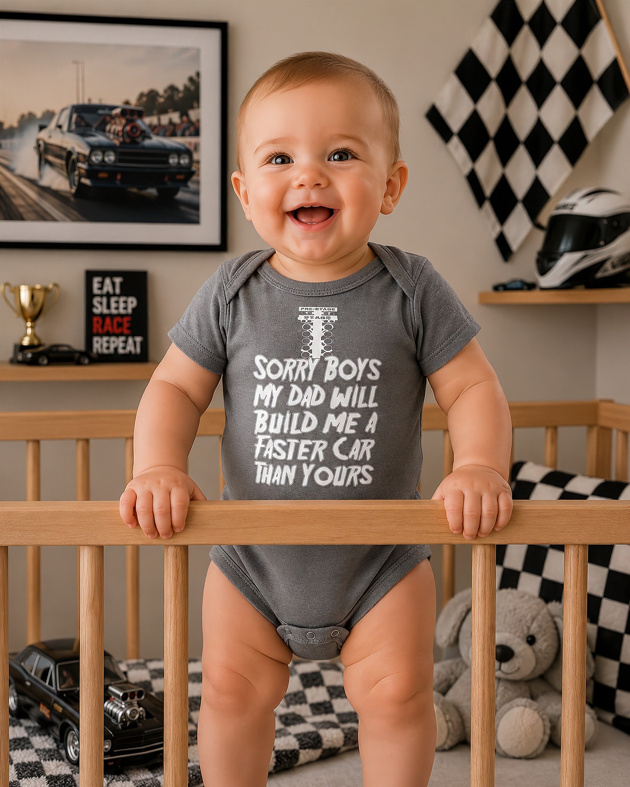 Sorry Boys My Dad Will Build Me A Faster Car Than Yours Drag Racing Kids T-Shirts | Trackside Legacy