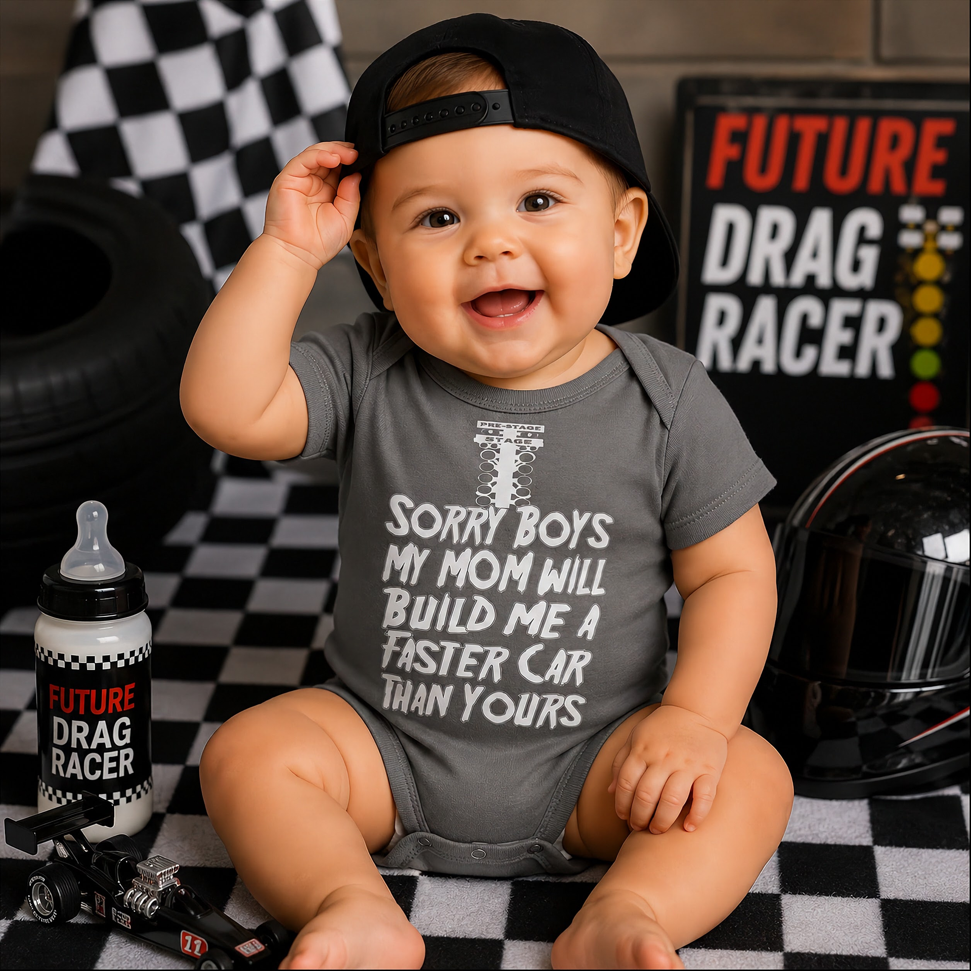 Baby wearing a 'Future Drag Racer' onesie with racing-themed background