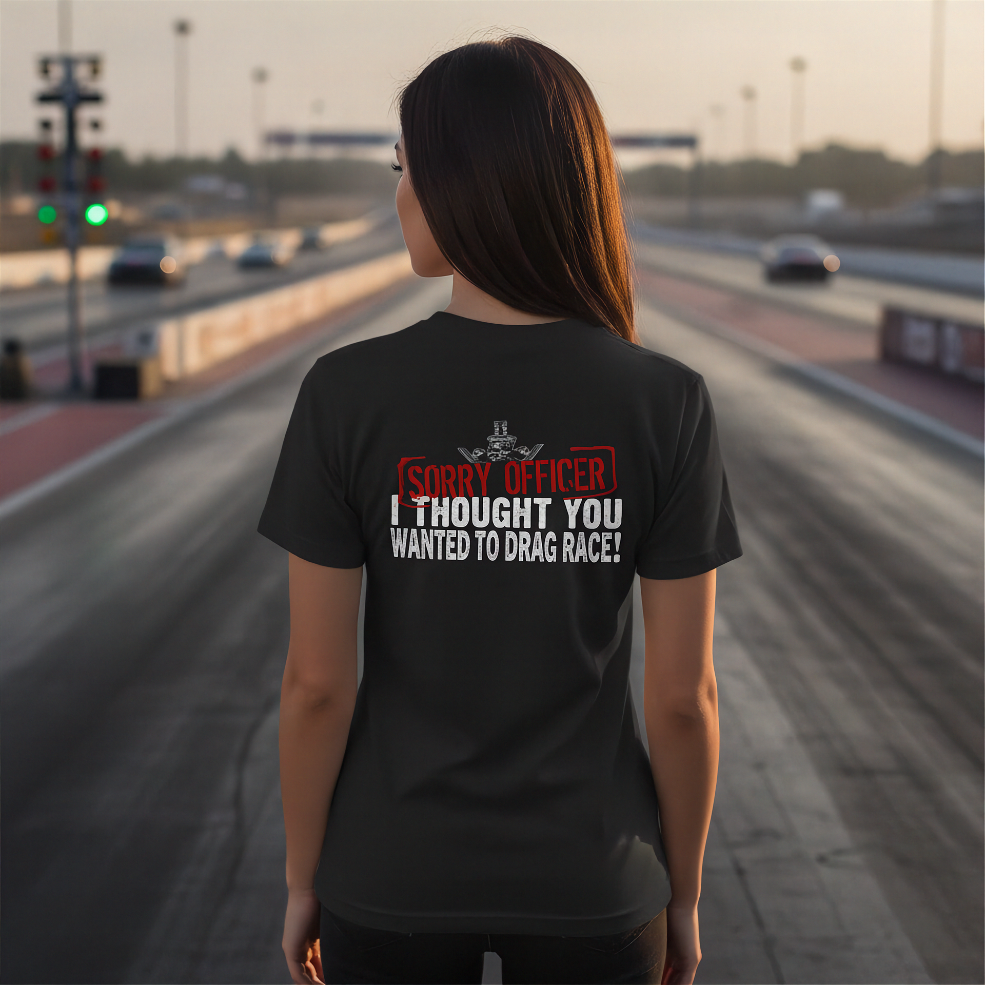 wearing a black shirt with humorous drag racing quote text on a race track