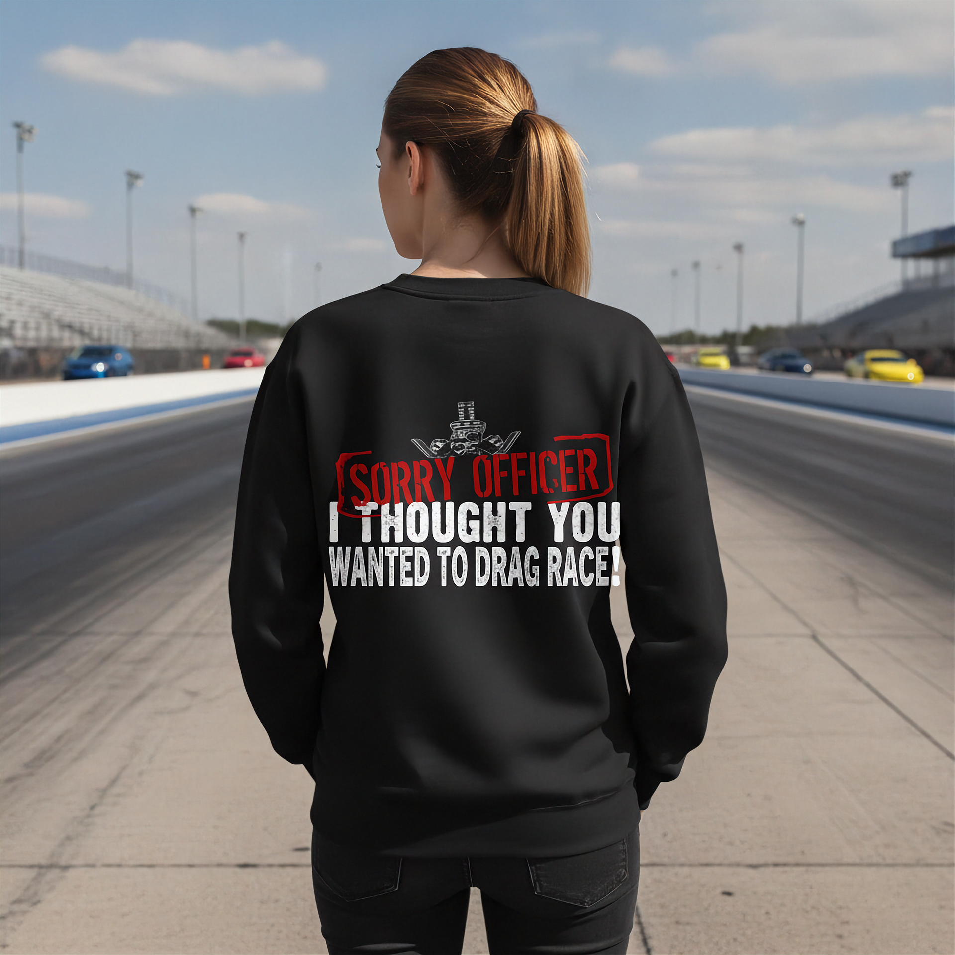 Woman wearing a black sweatshirt with humorous drag racing quote text on a race track