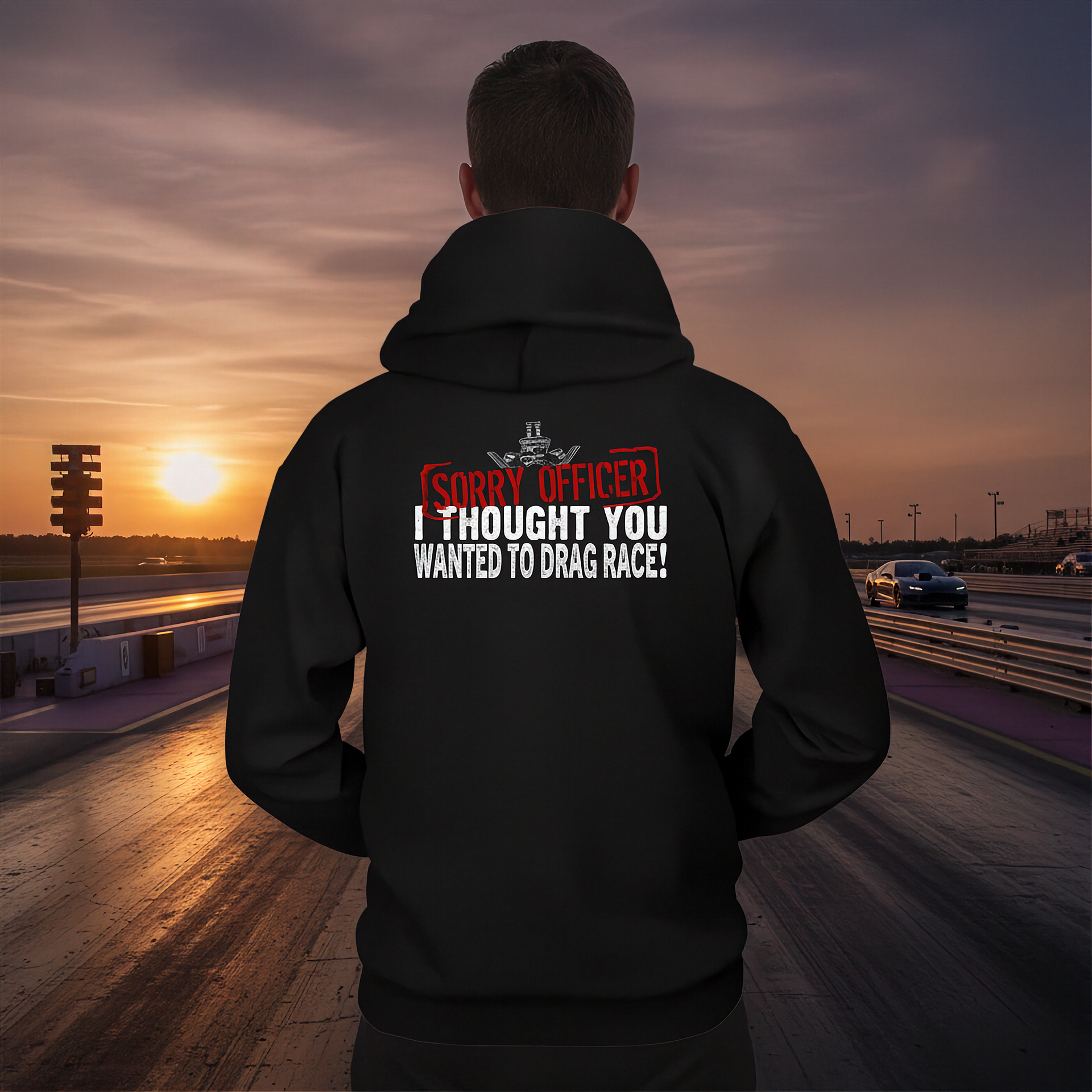 Man wearing a black hoodie with humorous drag racing quote text on a race track