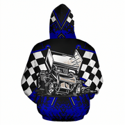 A hooded sweatshirt shown from the back, featuring a large graphic of a race sprint car with checkered flags and a blue distressed pattern on a black background.