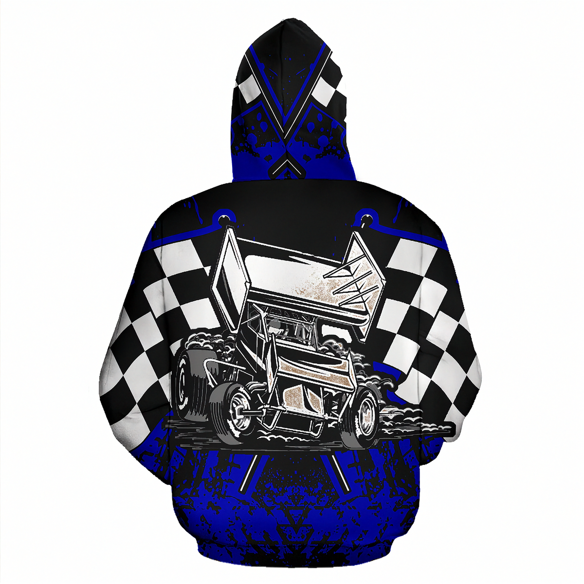 A hooded sweatshirt shown from the back, featuring a large graphic of a race sprint car with checkered flags and a blue distressed pattern on a black background.